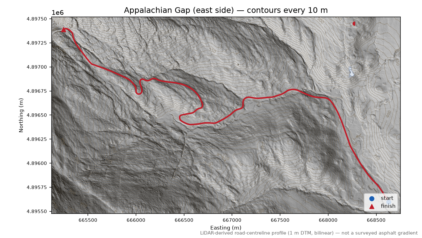 Appalachian Gap (east side) LiDAR hillshade map with contours