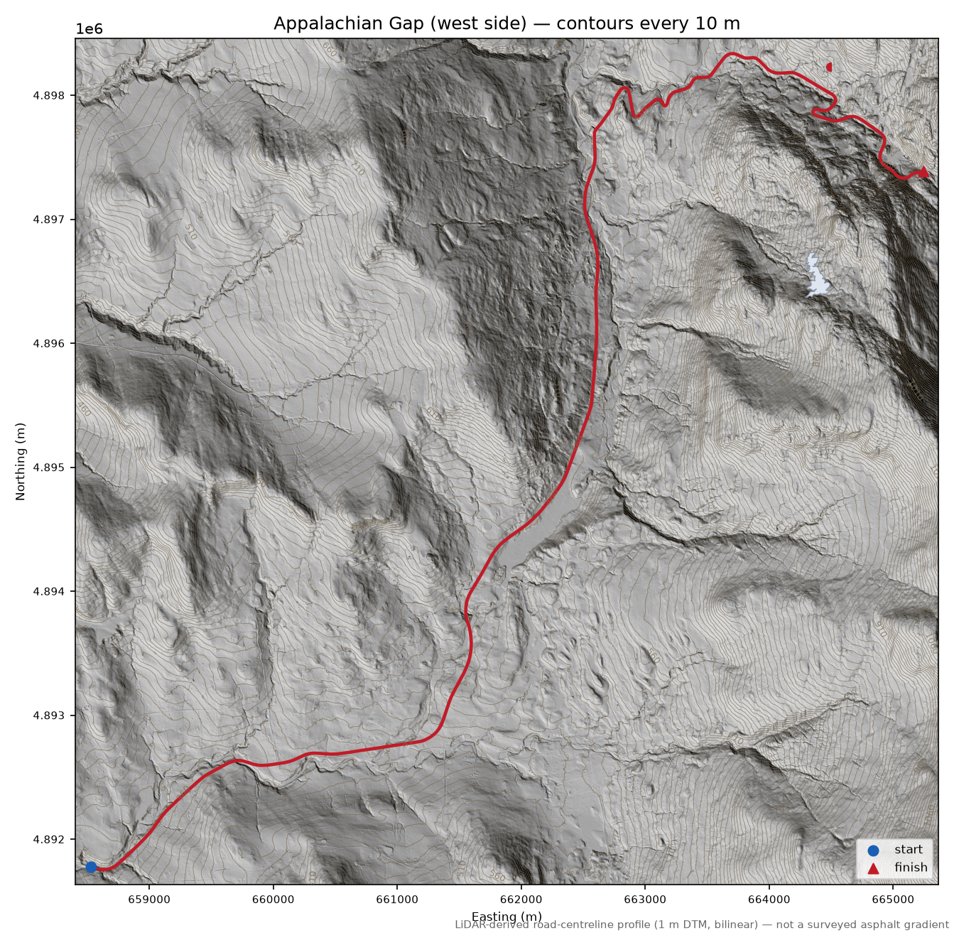 Appalachian Gap (west side) LiDAR hillshade map with contours