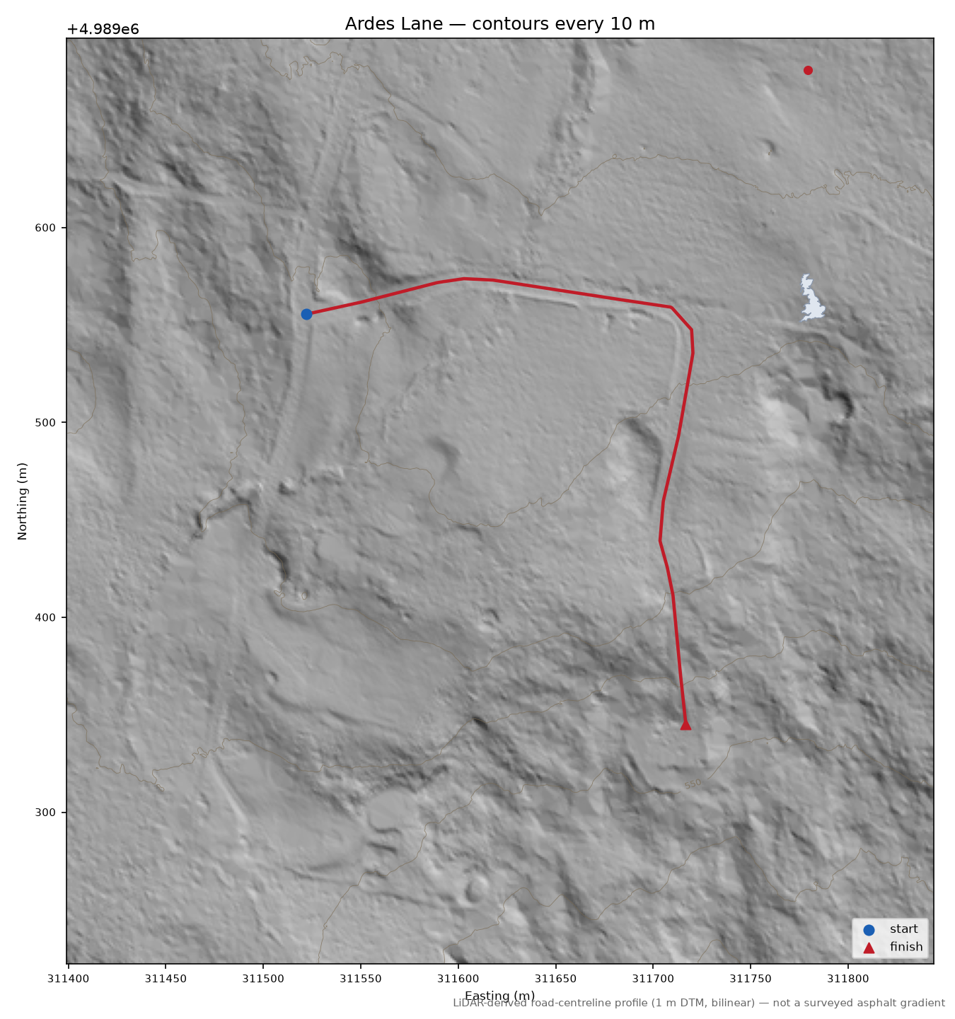 Ardes Lane LiDAR hillshade map with contours