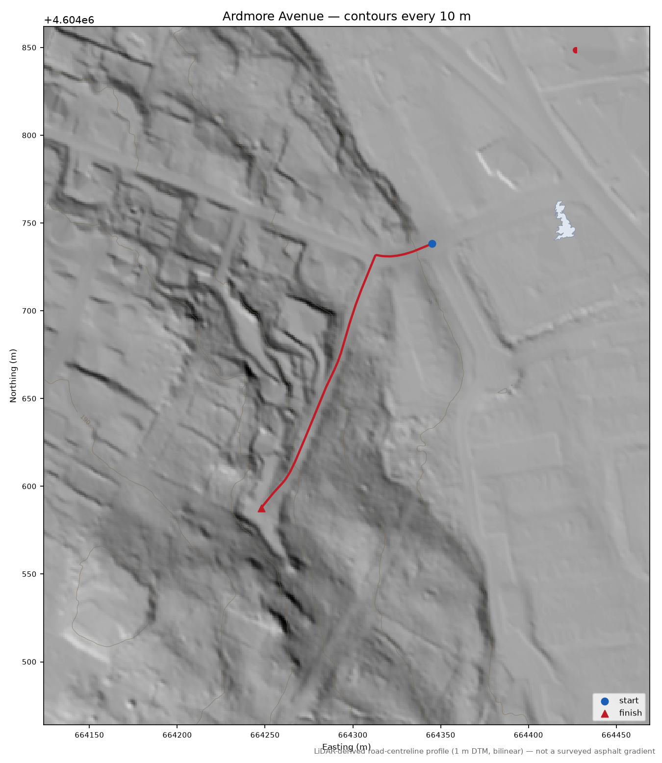 Ardmore Avenue LiDAR hillshade map with contours