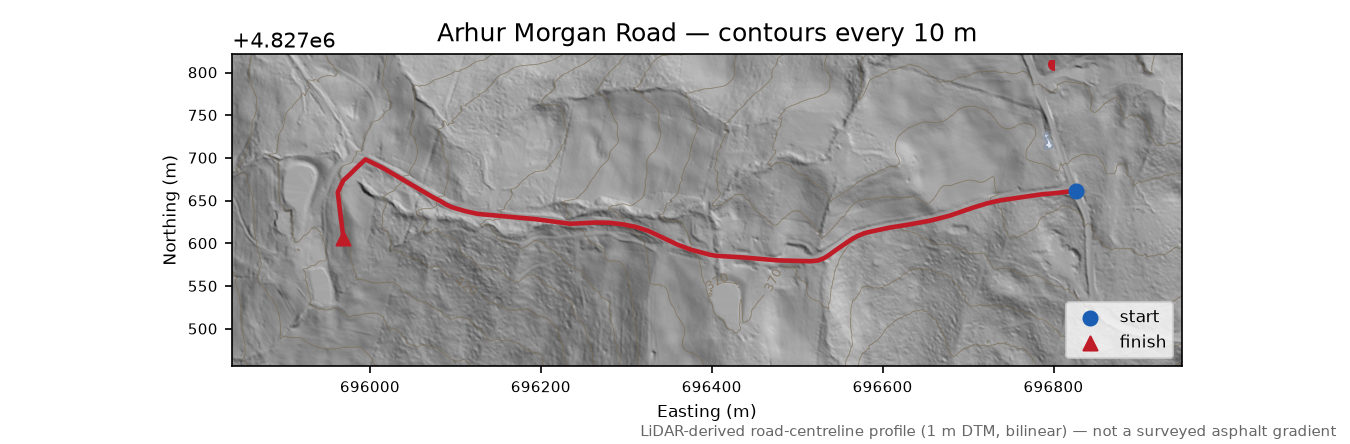 Arhur Morgan Road LiDAR hillshade map with contours