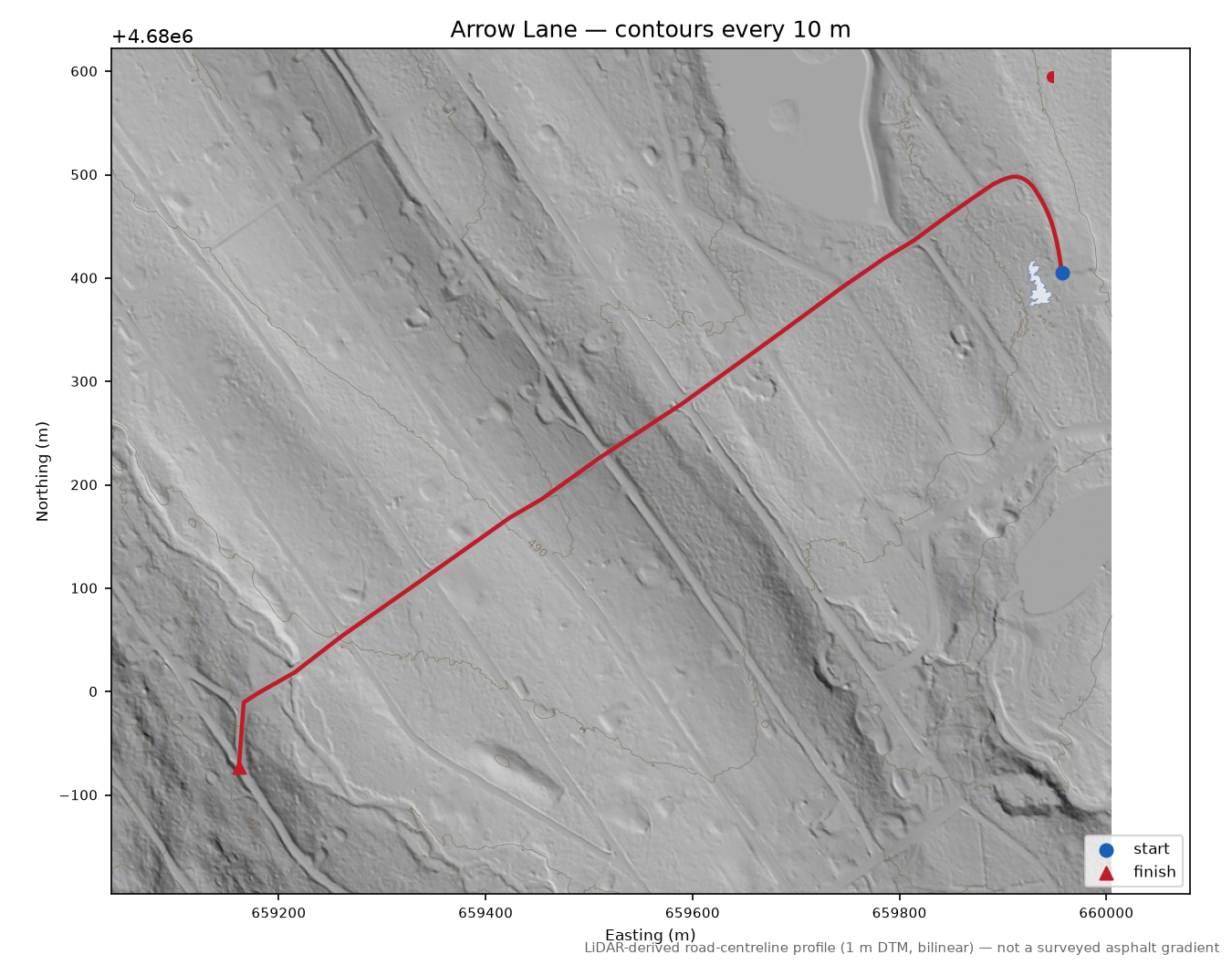 Arrow Lane LiDAR hillshade map with contours