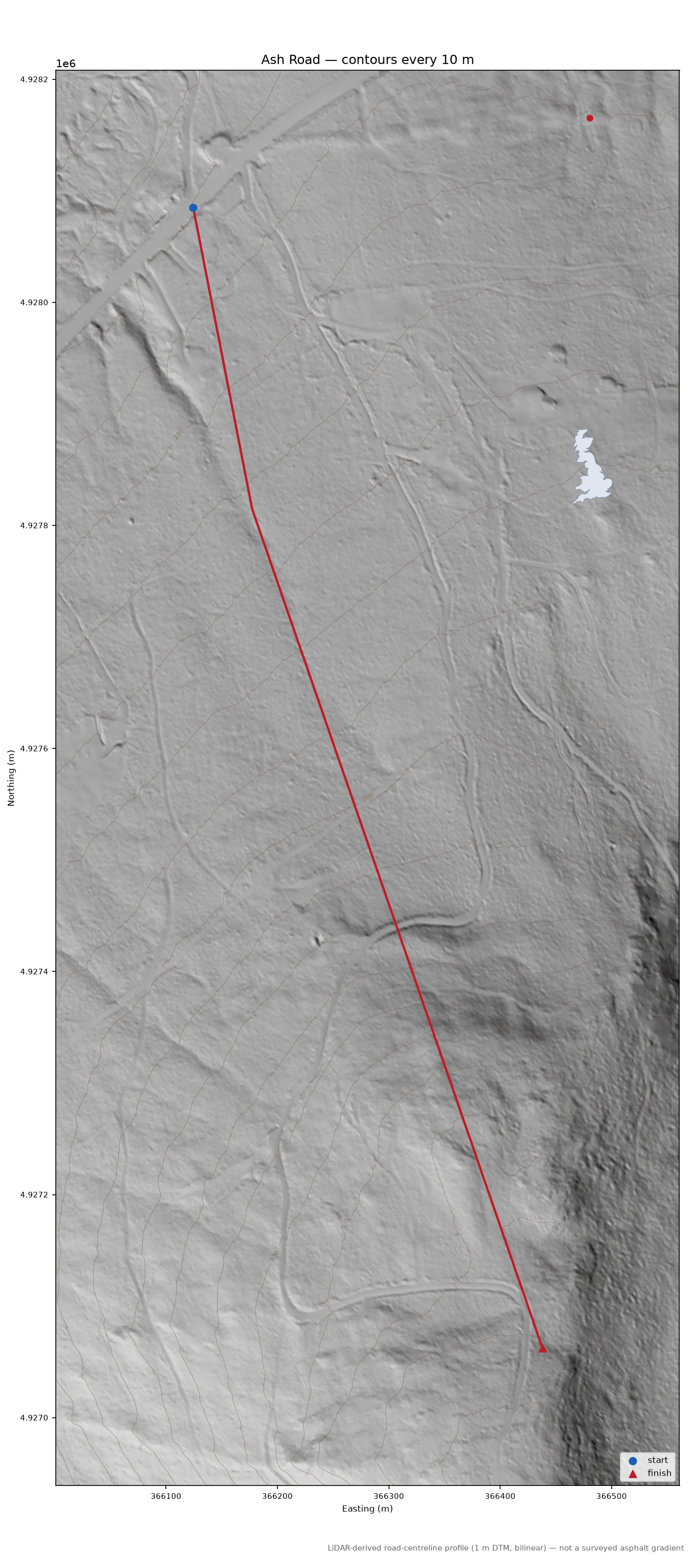Ash Road LiDAR hillshade map with contours