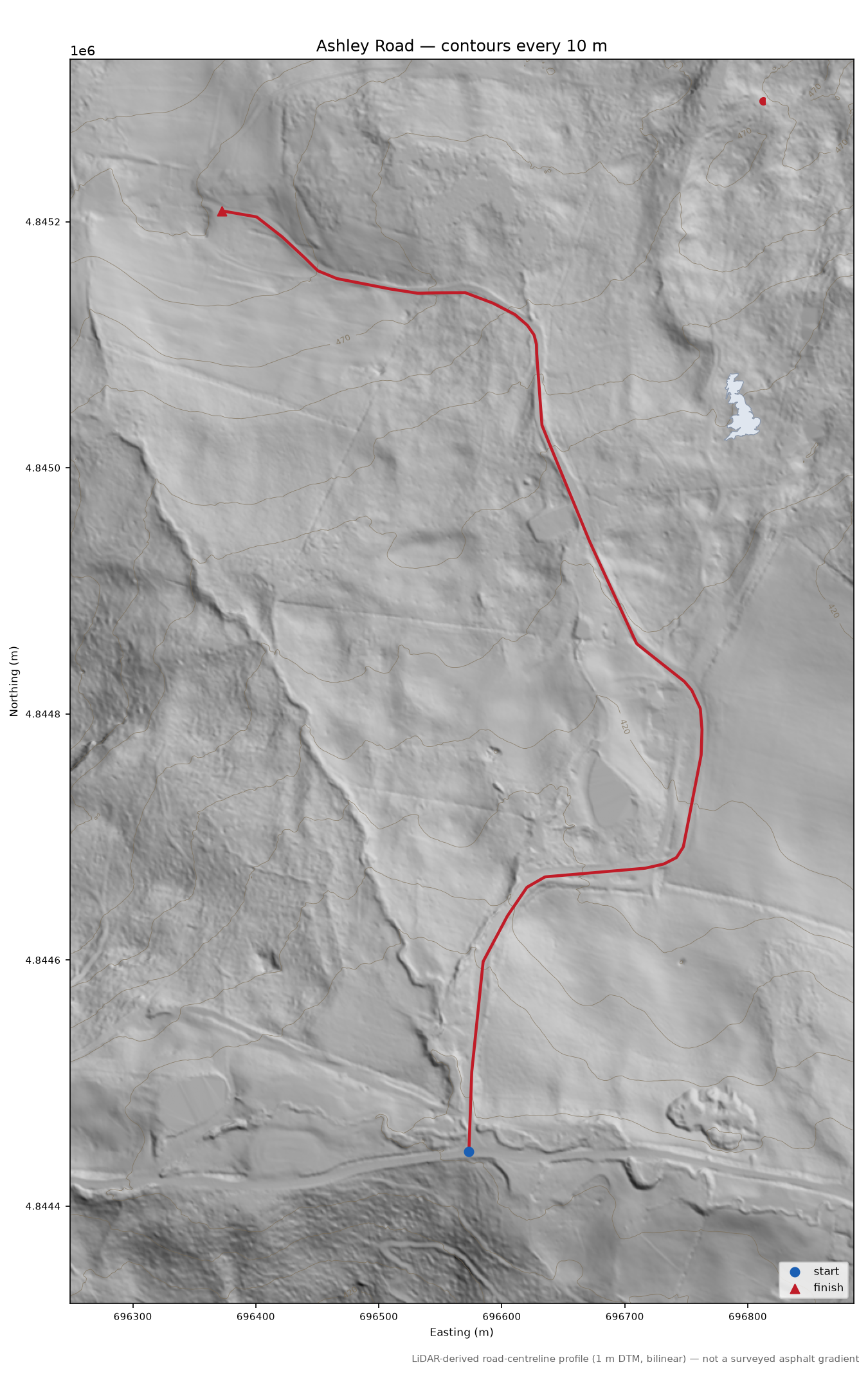 Ashley Road LiDAR hillshade map with contours