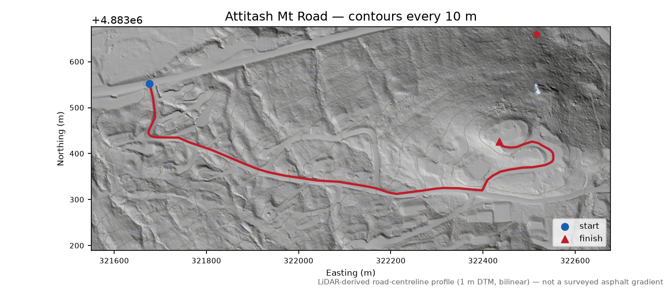Attitash Mt Road LiDAR hillshade map with contours