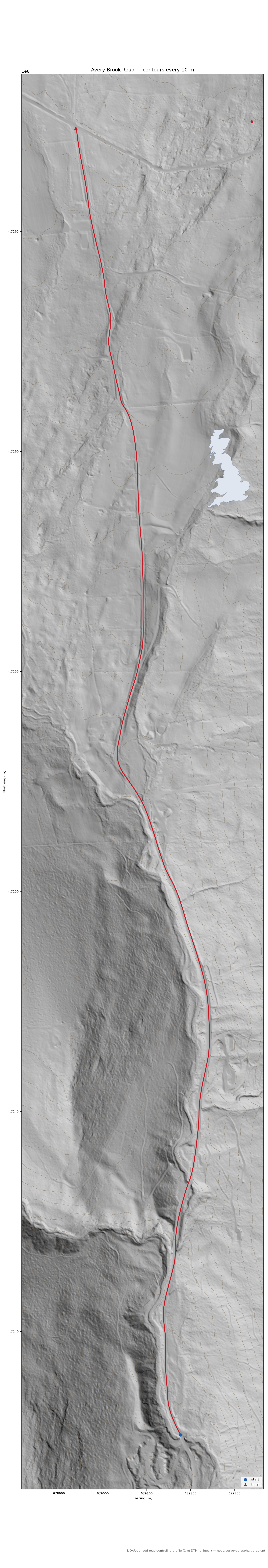 Avery Brook Road LiDAR hillshade map with contours