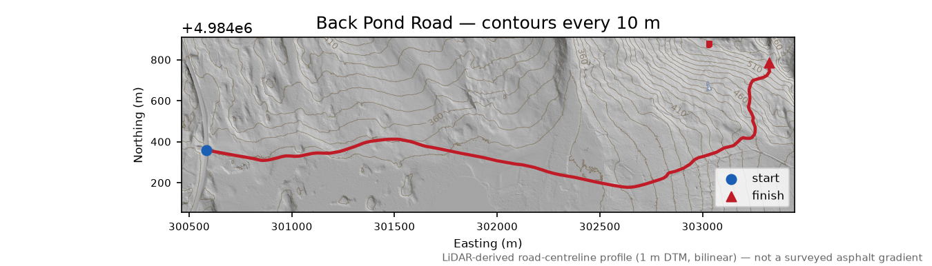 Back Pond Road LiDAR hillshade map with contours