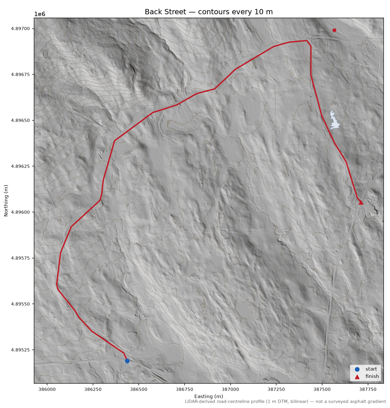 Back Street LiDAR hillshade map with contours