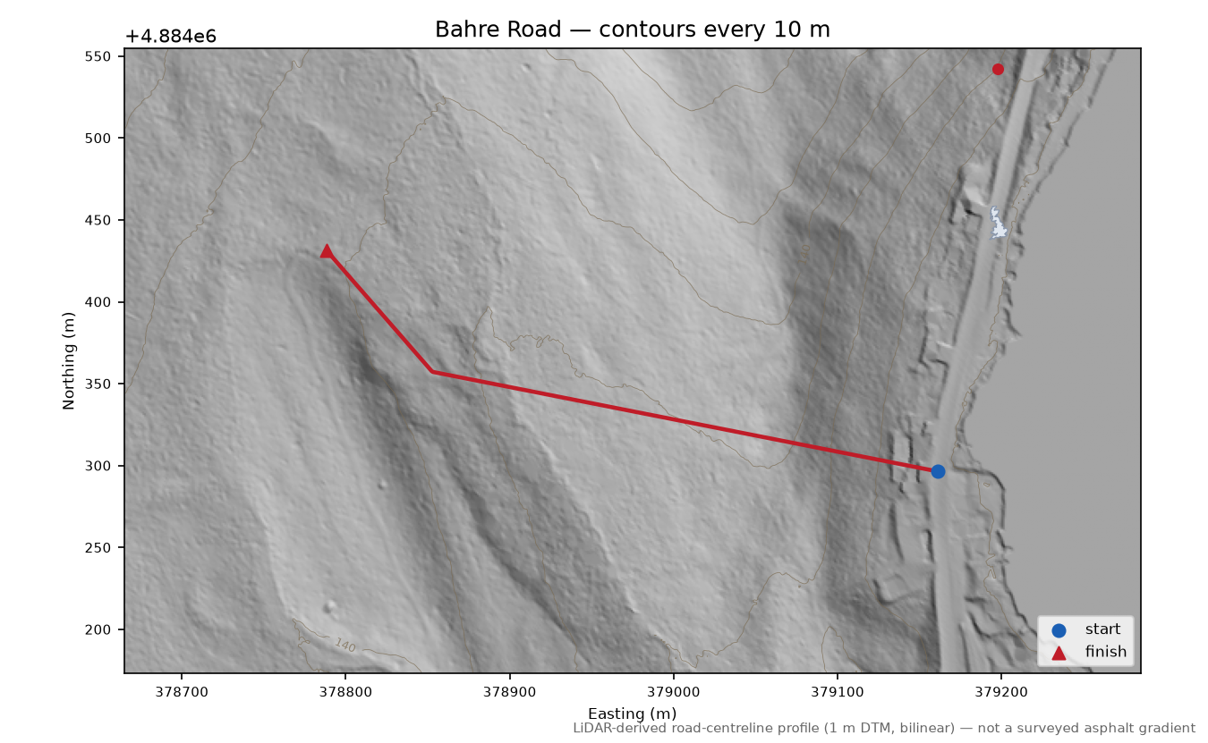 Bahre Road LiDAR hillshade map with contours