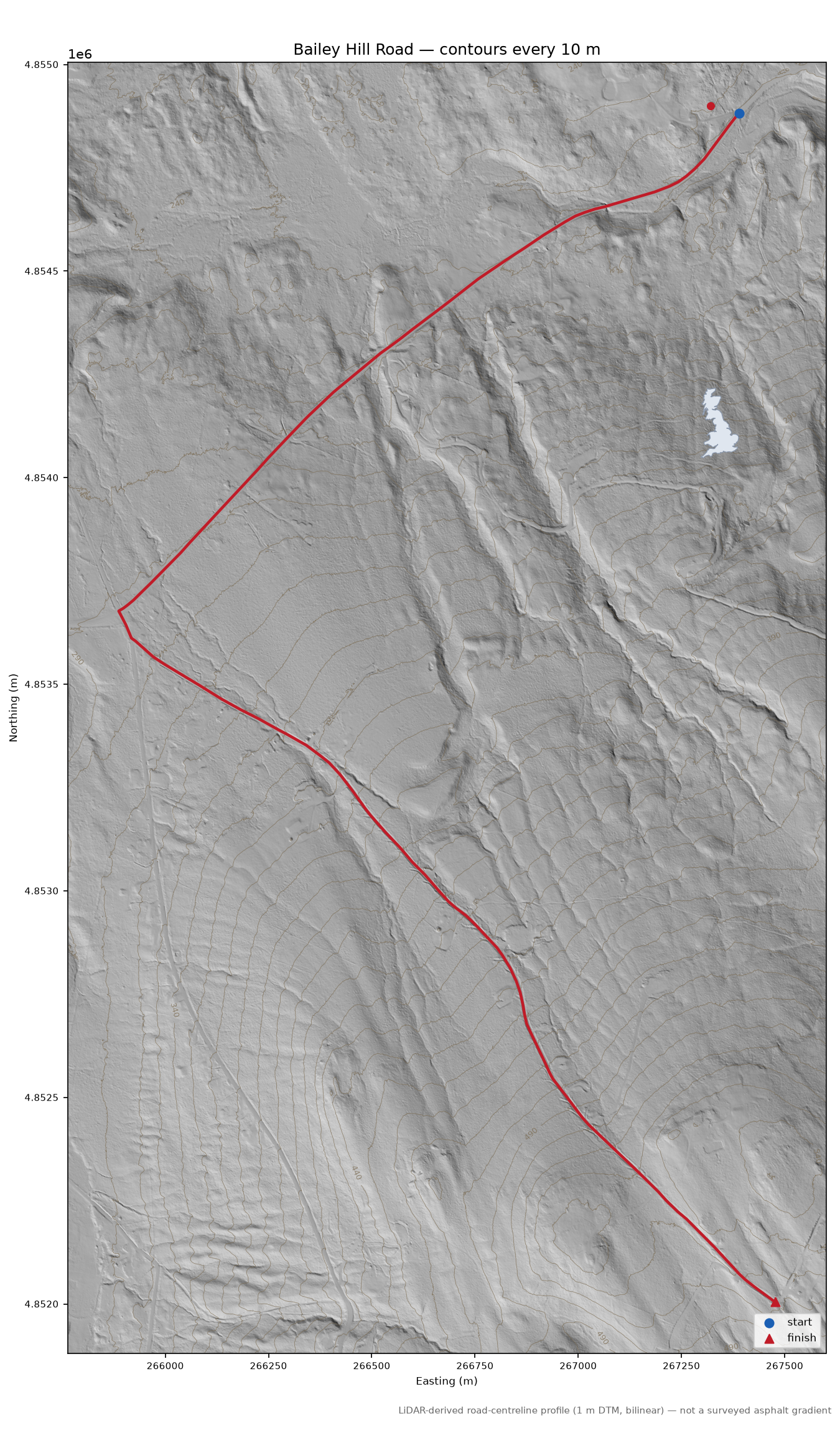 Bailey Hill Road LiDAR hillshade map with contours