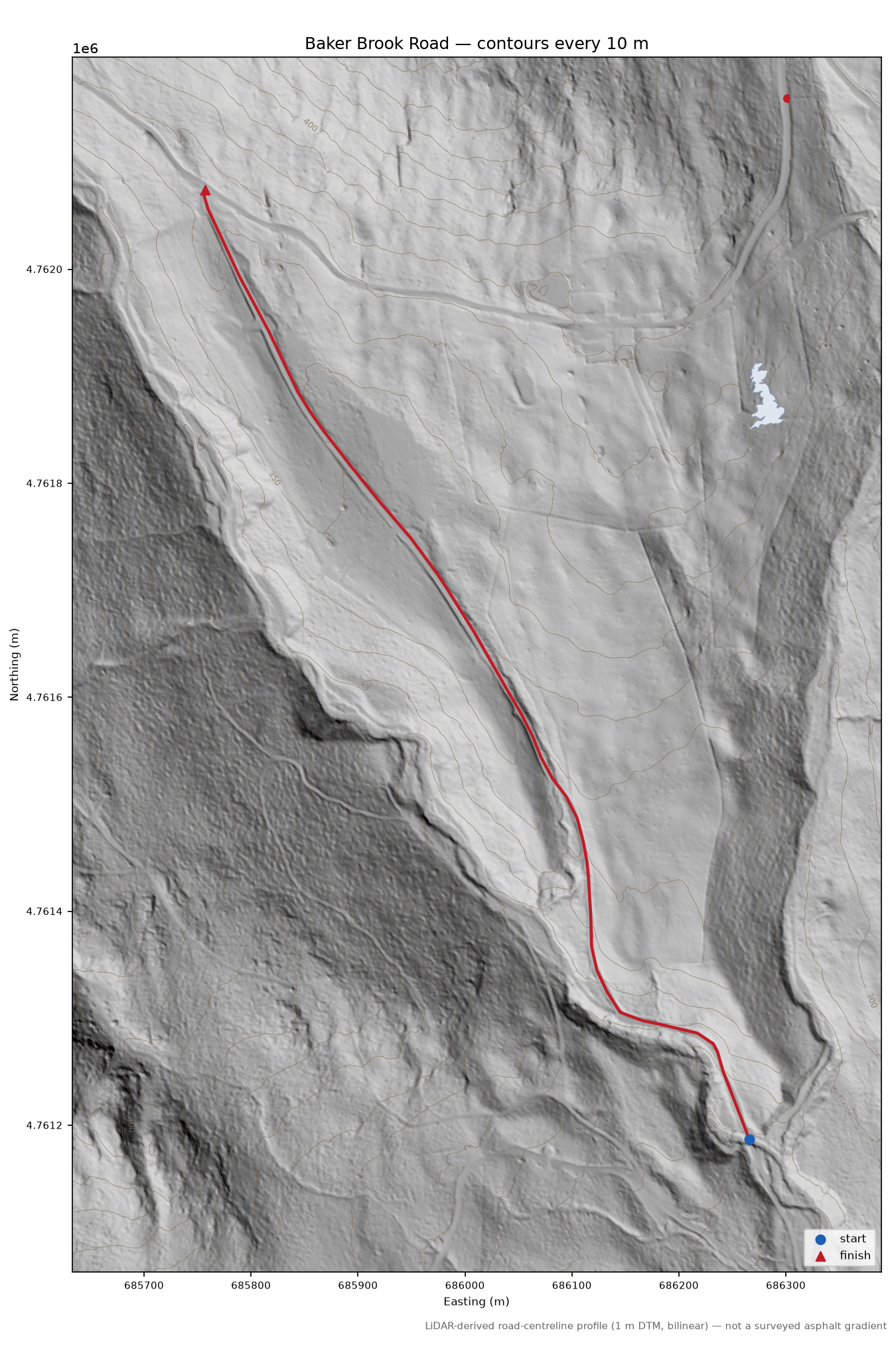Baker Brook Road LiDAR hillshade map with contours