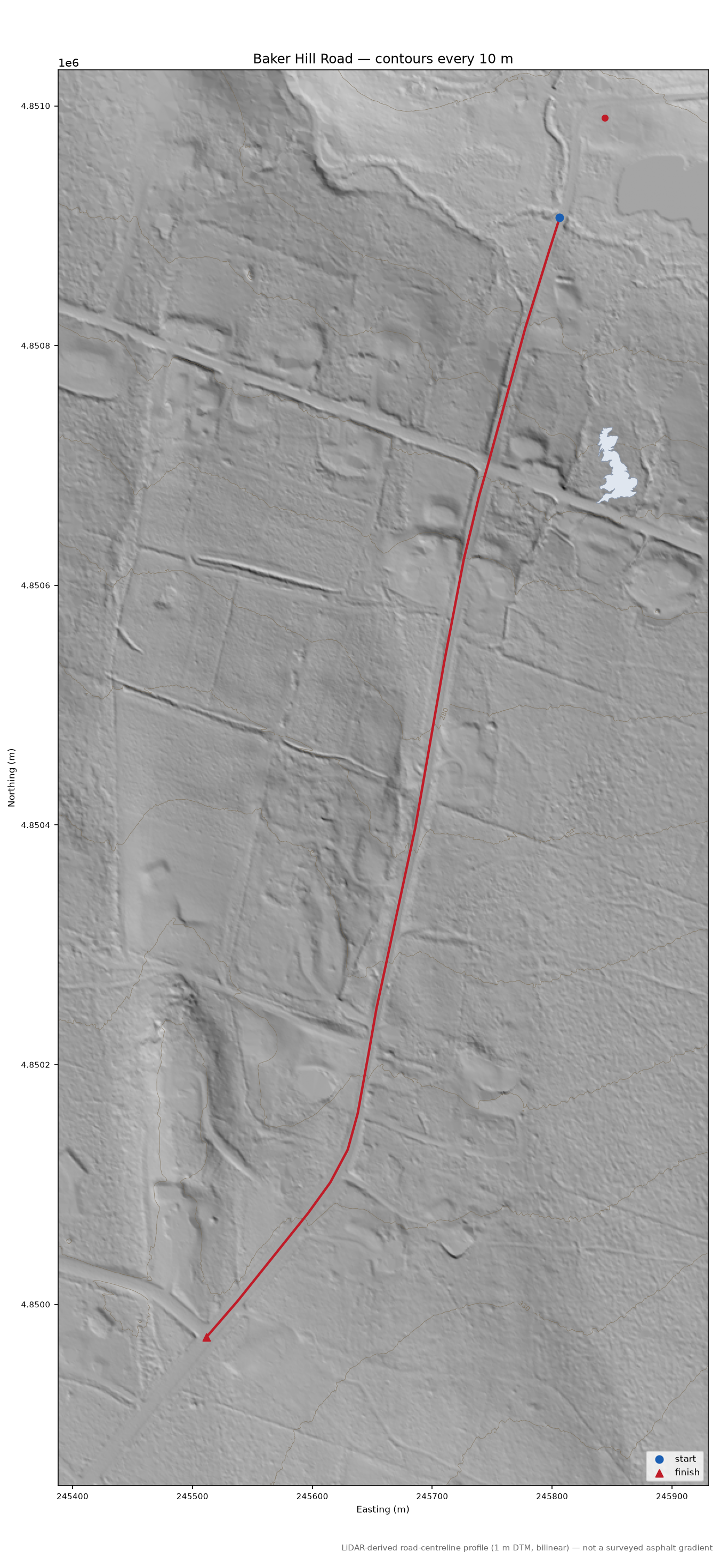 Baker Hill Road LiDAR hillshade map with contours