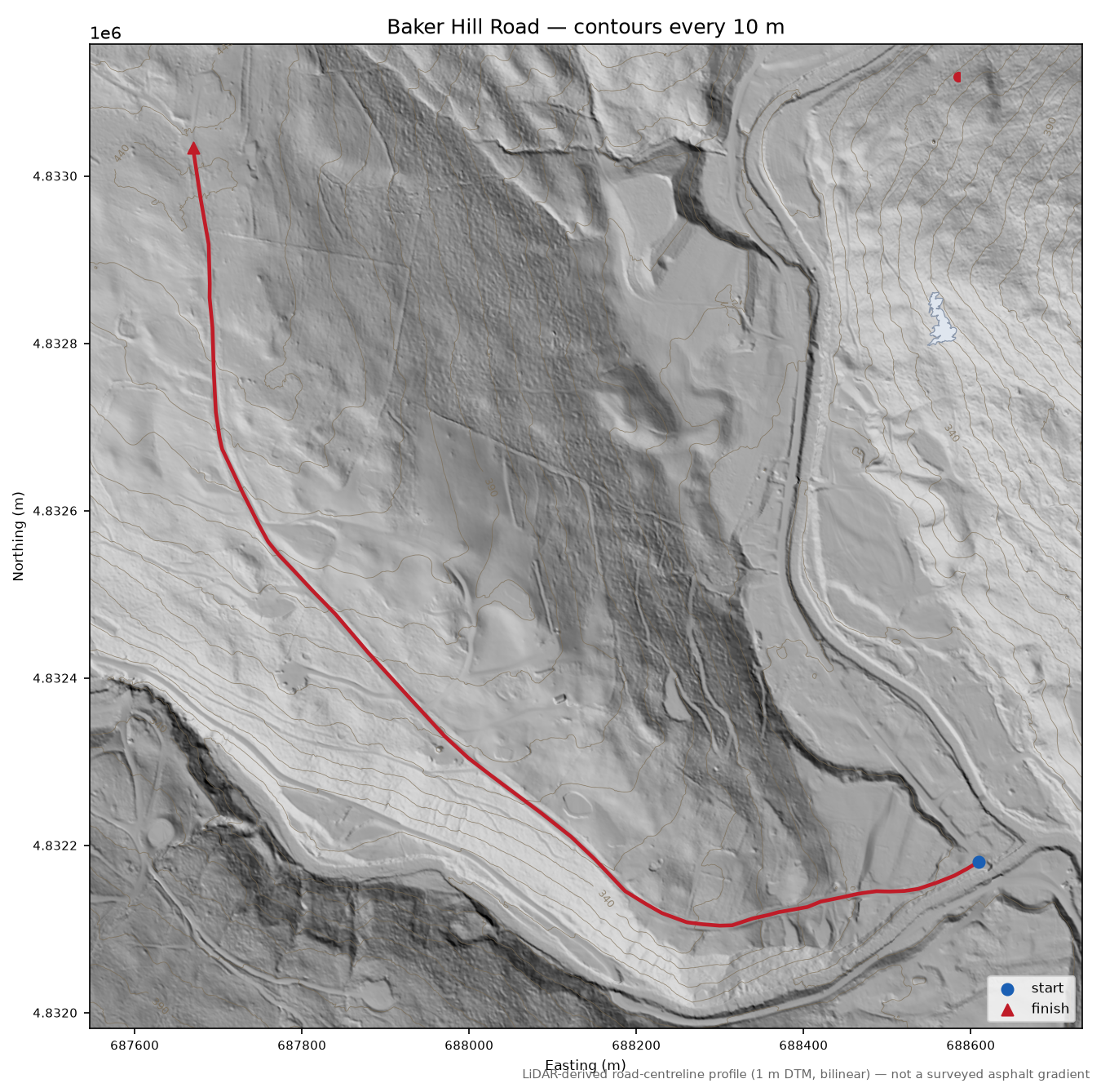 Baker Hill Road LiDAR hillshade map with contours