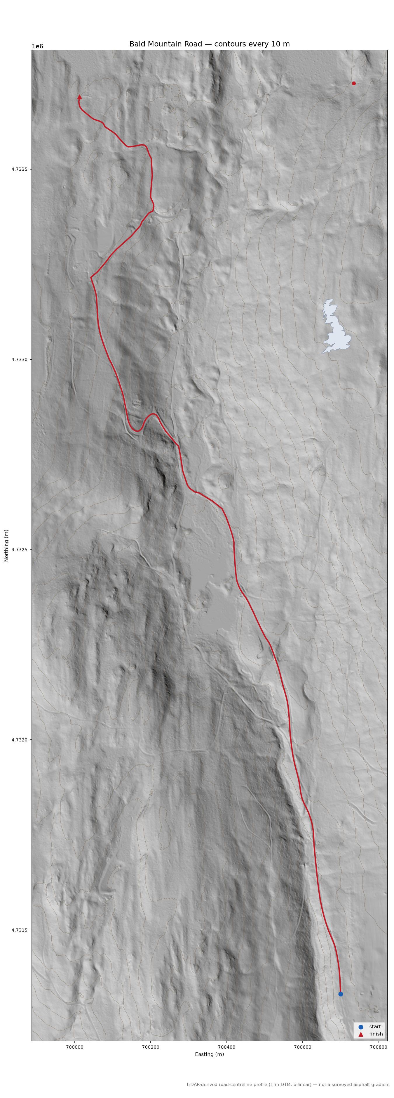 Bald Mountain Road LiDAR hillshade map with contours