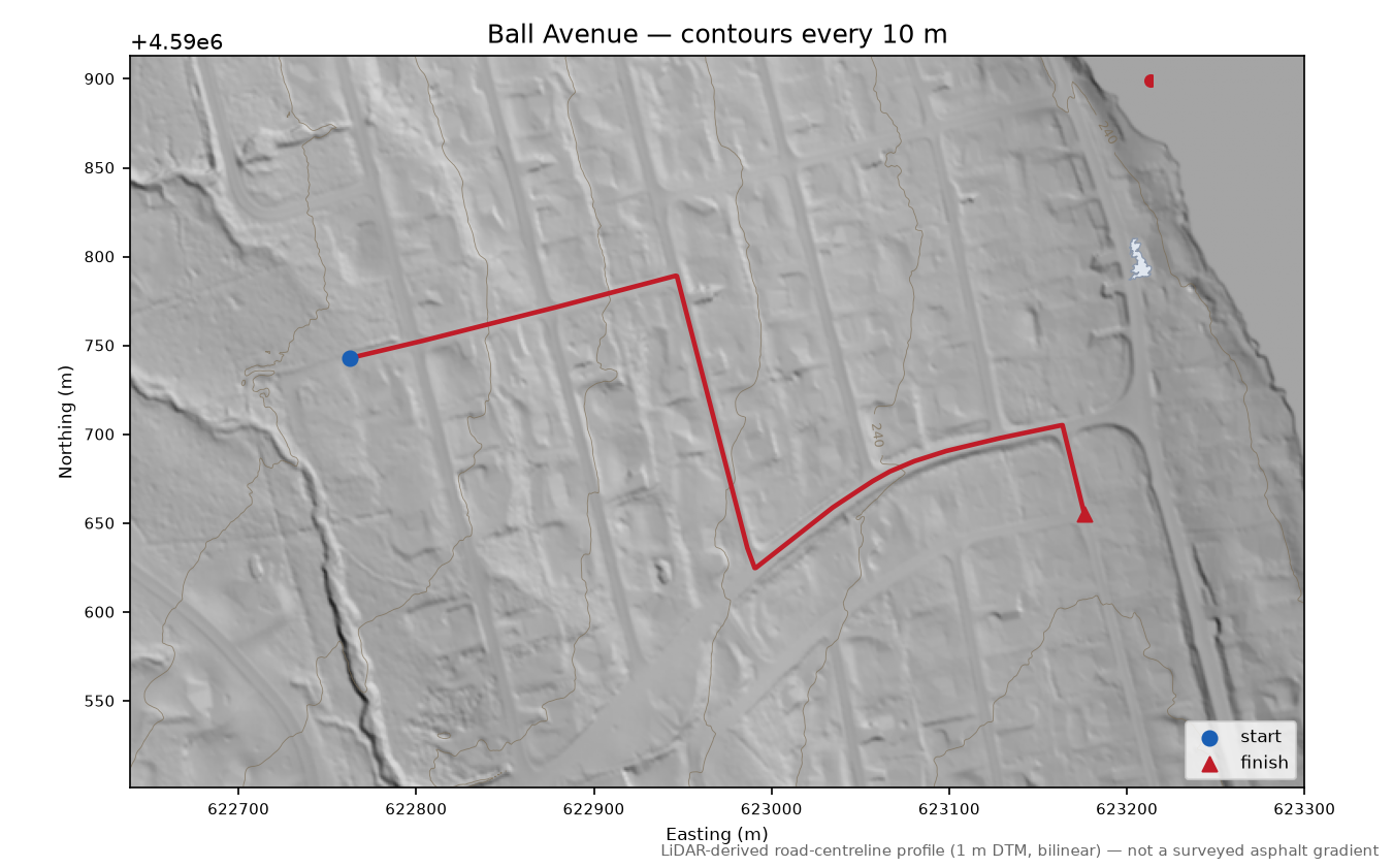 Ball Avenue LiDAR hillshade map with contours