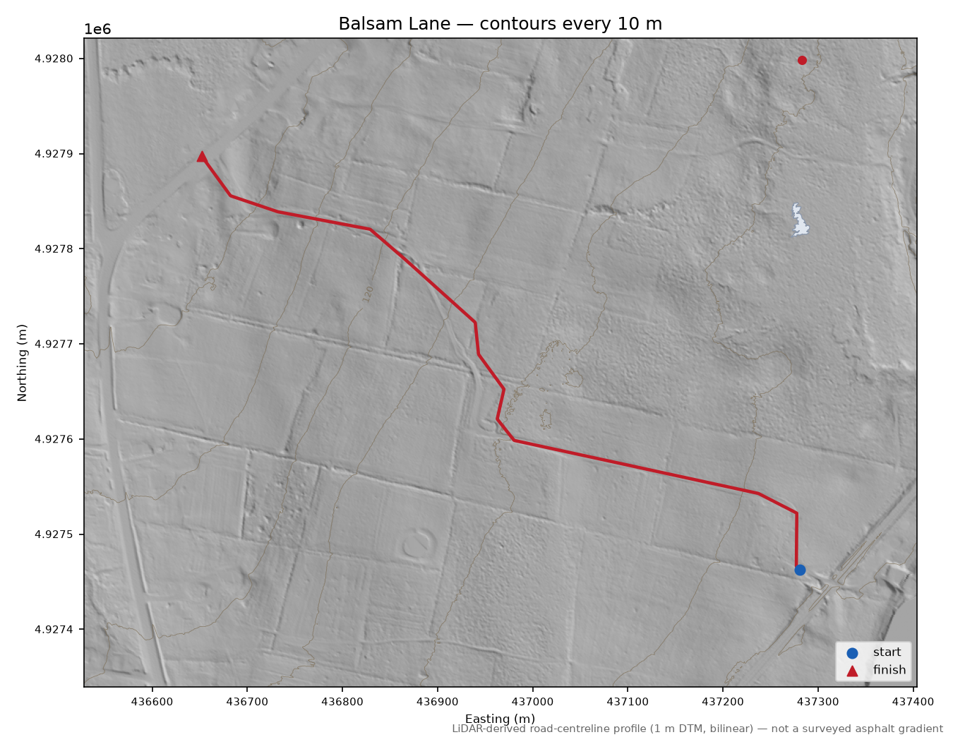 Balsam Lane LiDAR hillshade map with contours