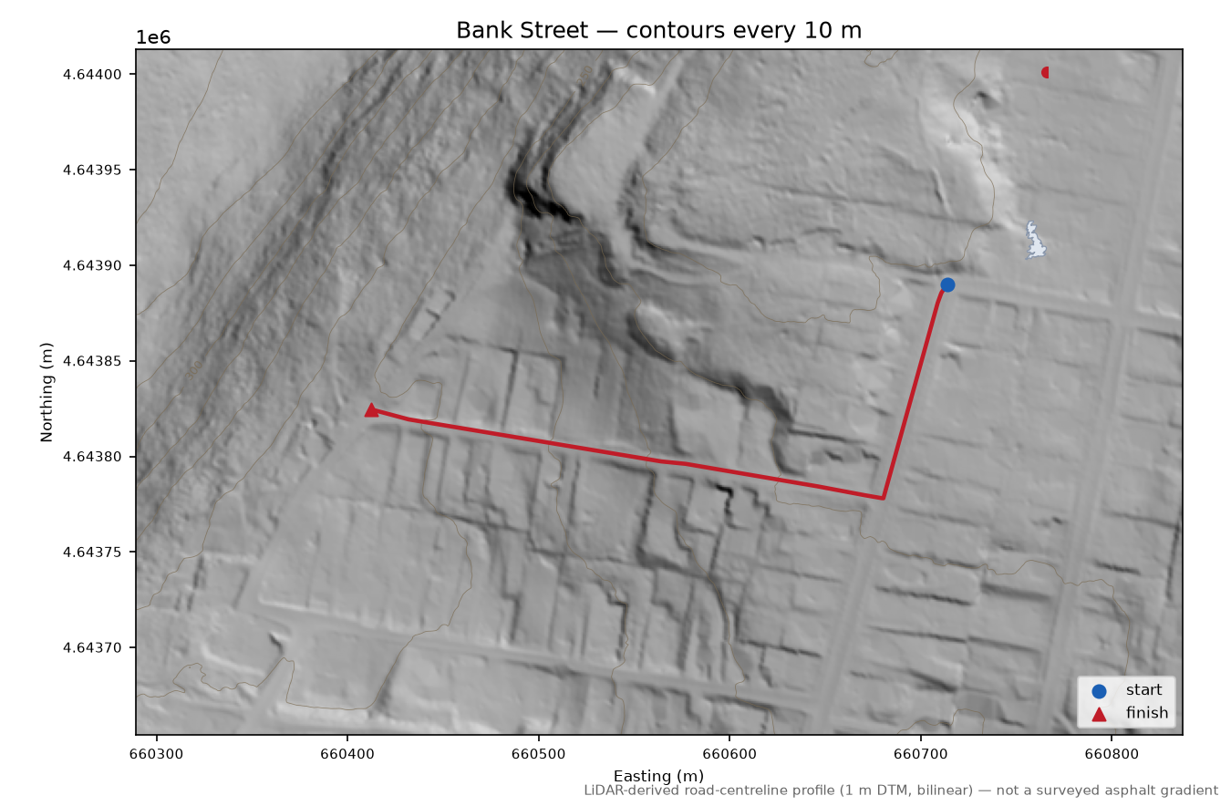 Bank Street LiDAR hillshade map with contours