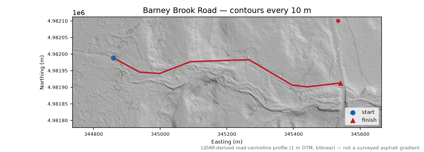 Barney Brook Road LiDAR hillshade map with contours