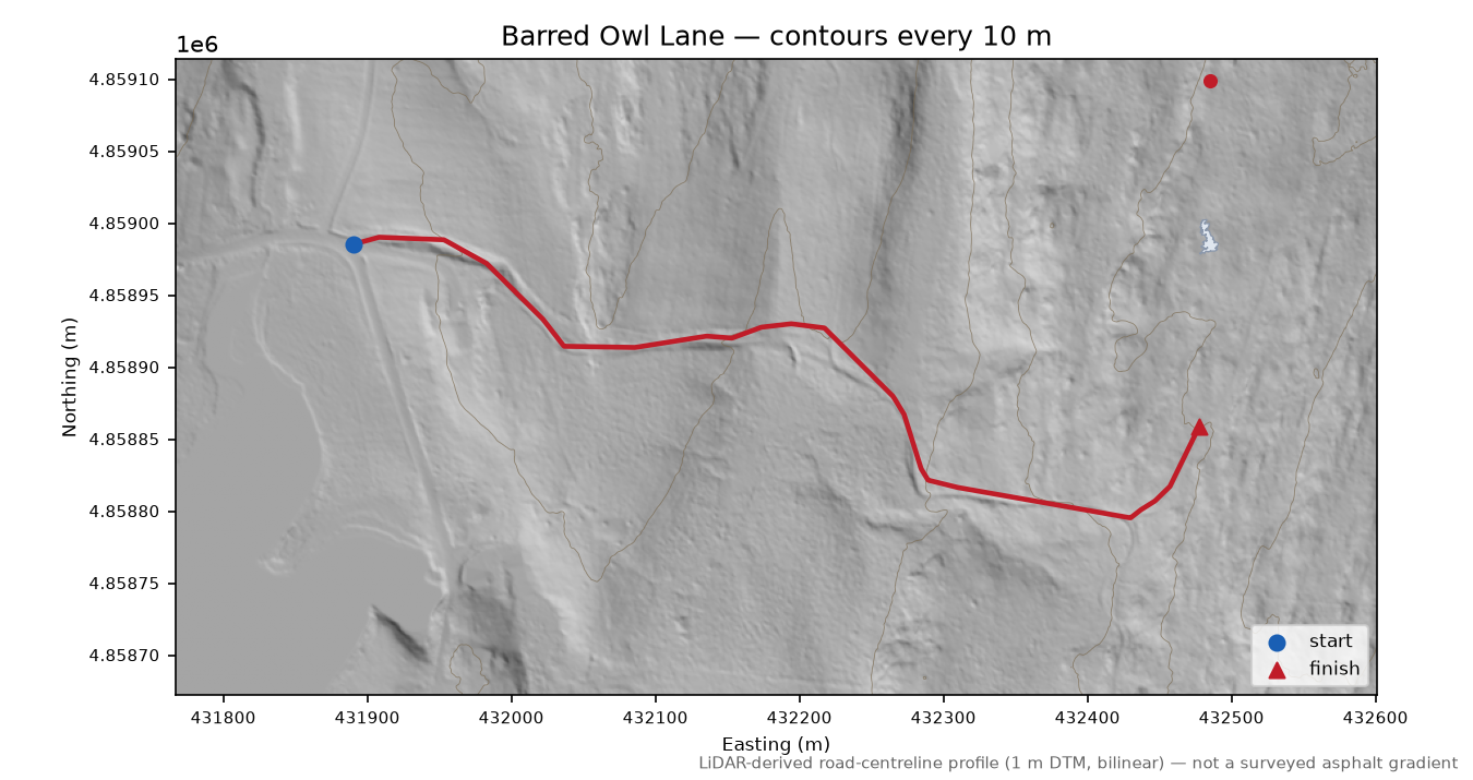 Barred Owl Lane LiDAR hillshade map with contours