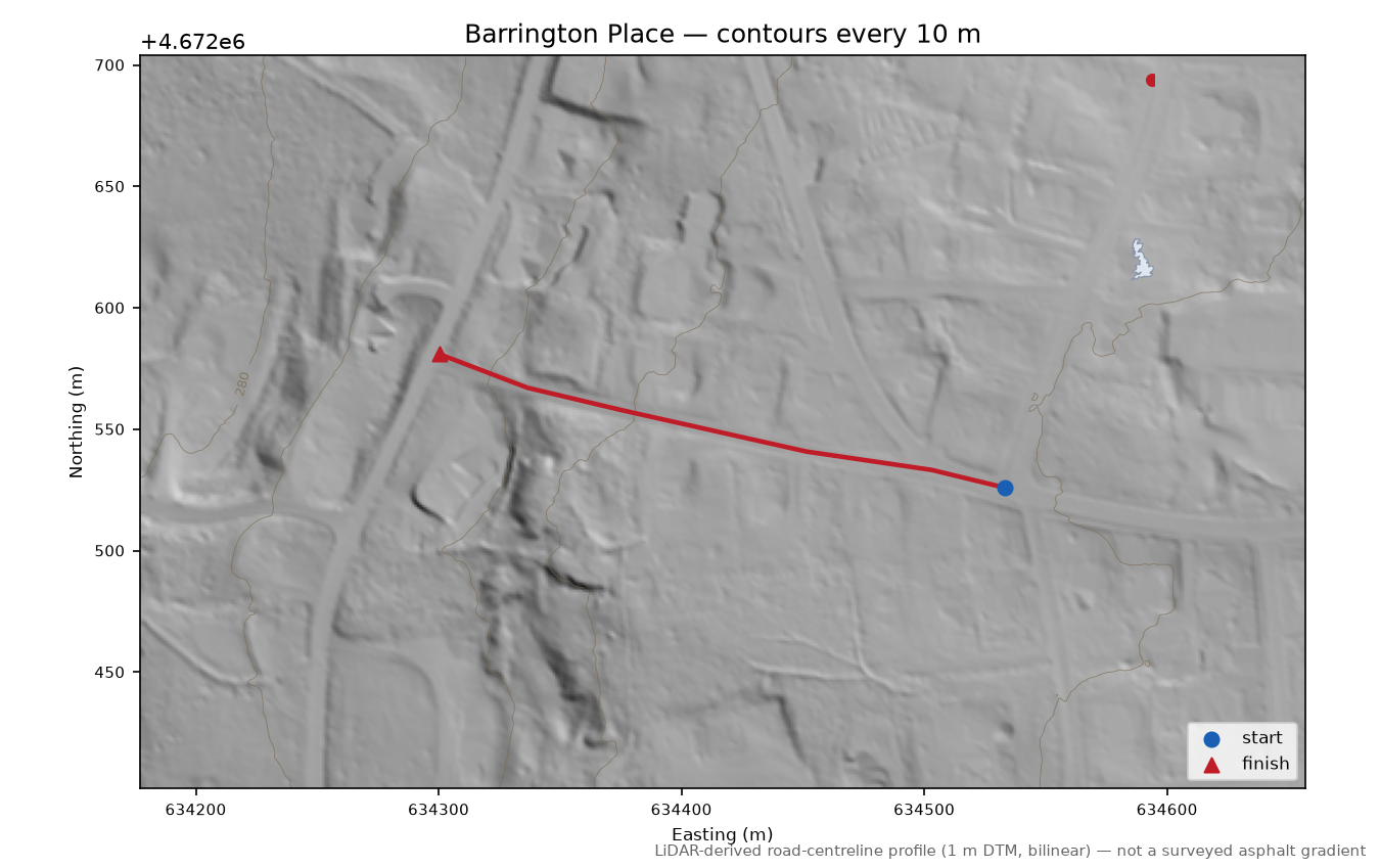Barrington Place LiDAR hillshade map with contours