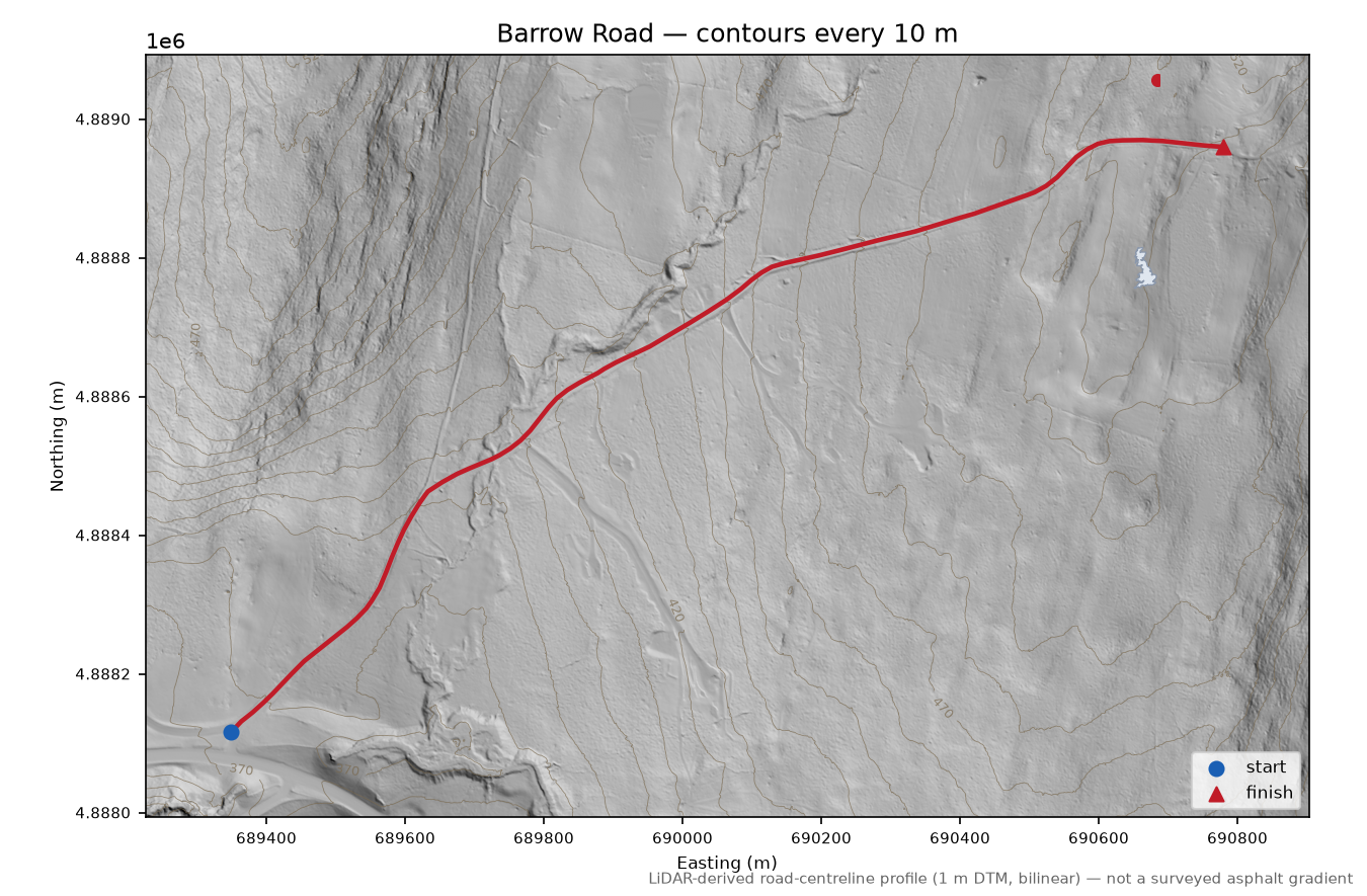 Barrow Road LiDAR hillshade map with contours