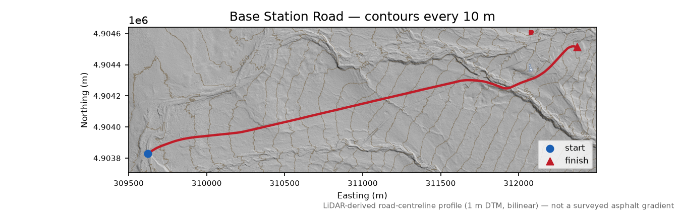 Base Station Road LiDAR hillshade map with contours