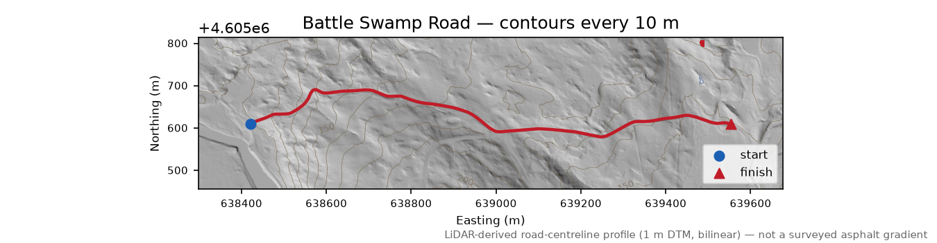 Battle Swamp Road LiDAR hillshade map with contours