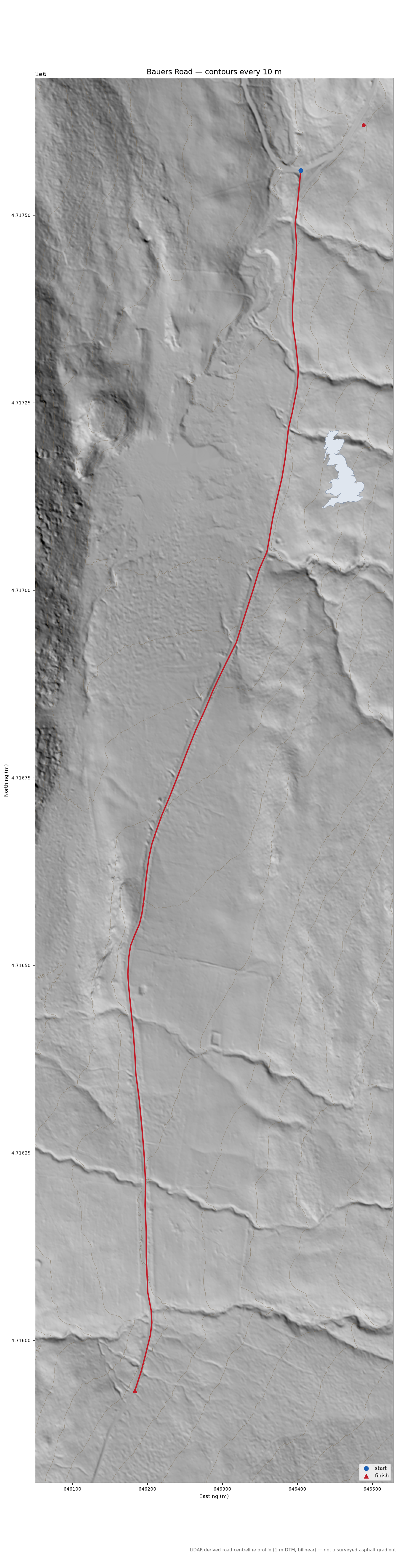 Bauers Road LiDAR hillshade map with contours
