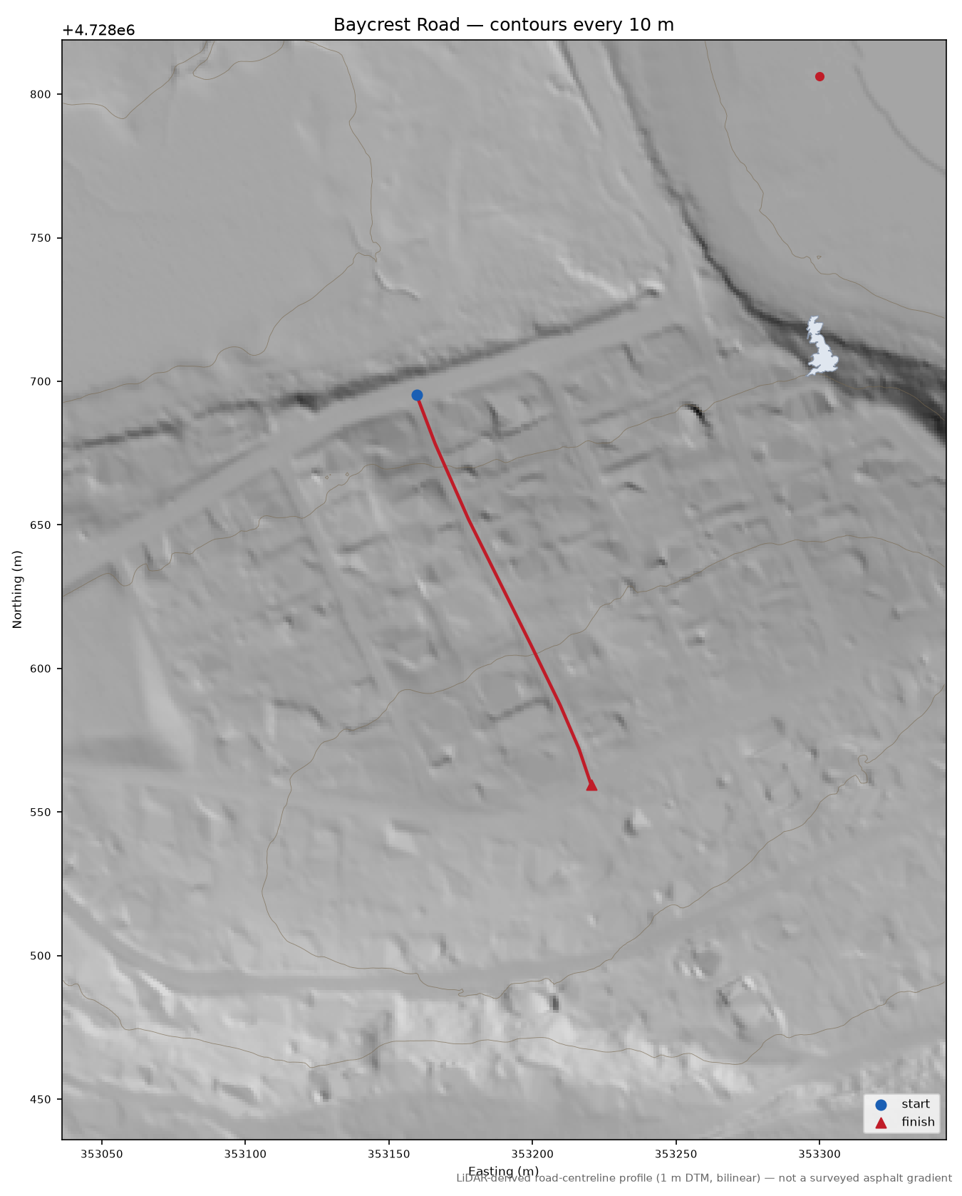 Baycrest Road LiDAR hillshade map with contours