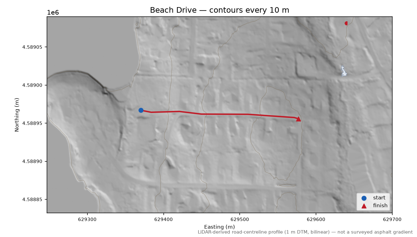 Beach Drive LiDAR hillshade map with contours