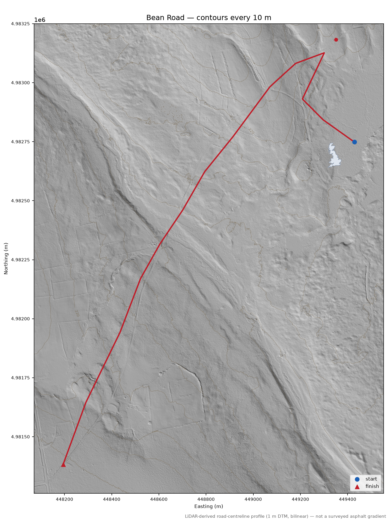 Bean Road LiDAR hillshade map with contours