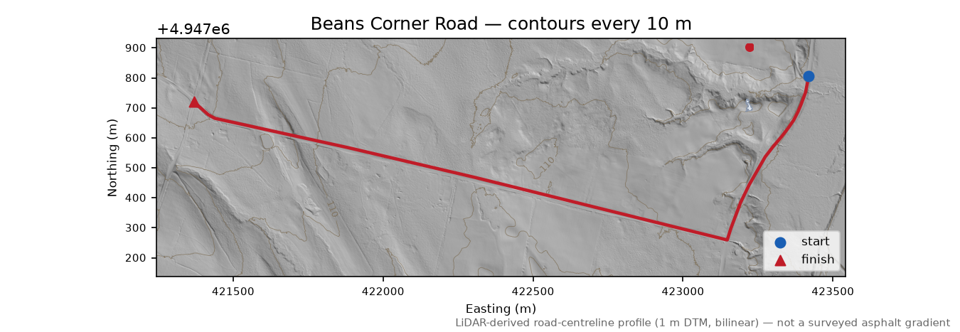Beans Corner Road LiDAR hillshade map with contours