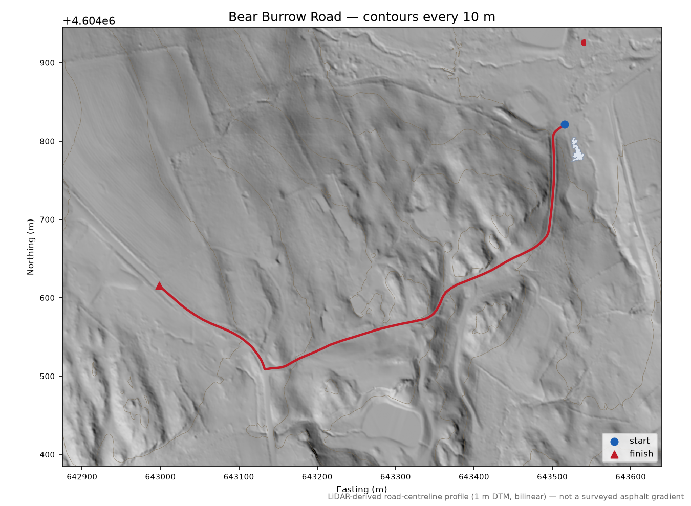 Bear Burrow Road LiDAR hillshade map with contours