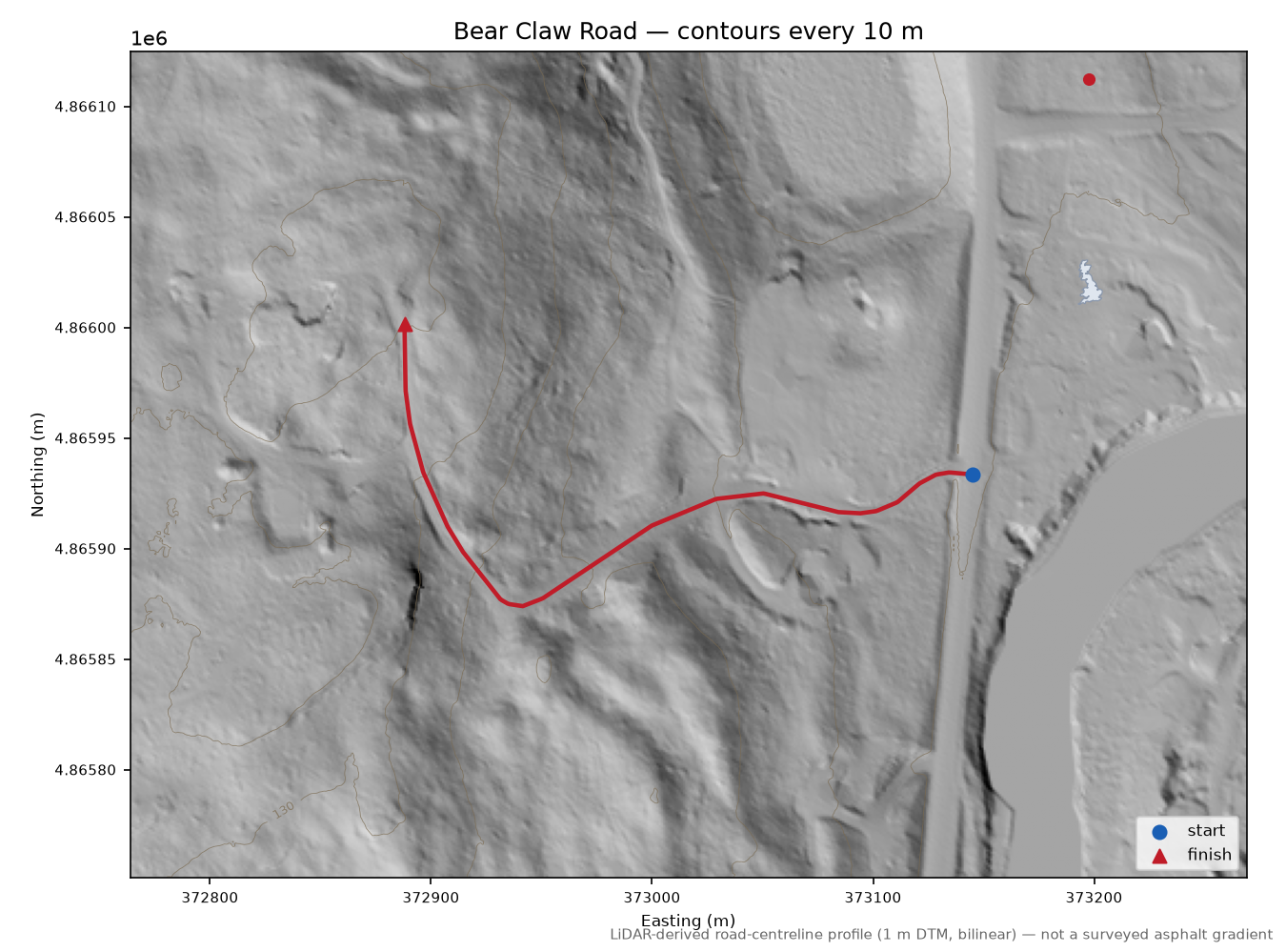 Bear Claw Road LiDAR hillshade map with contours