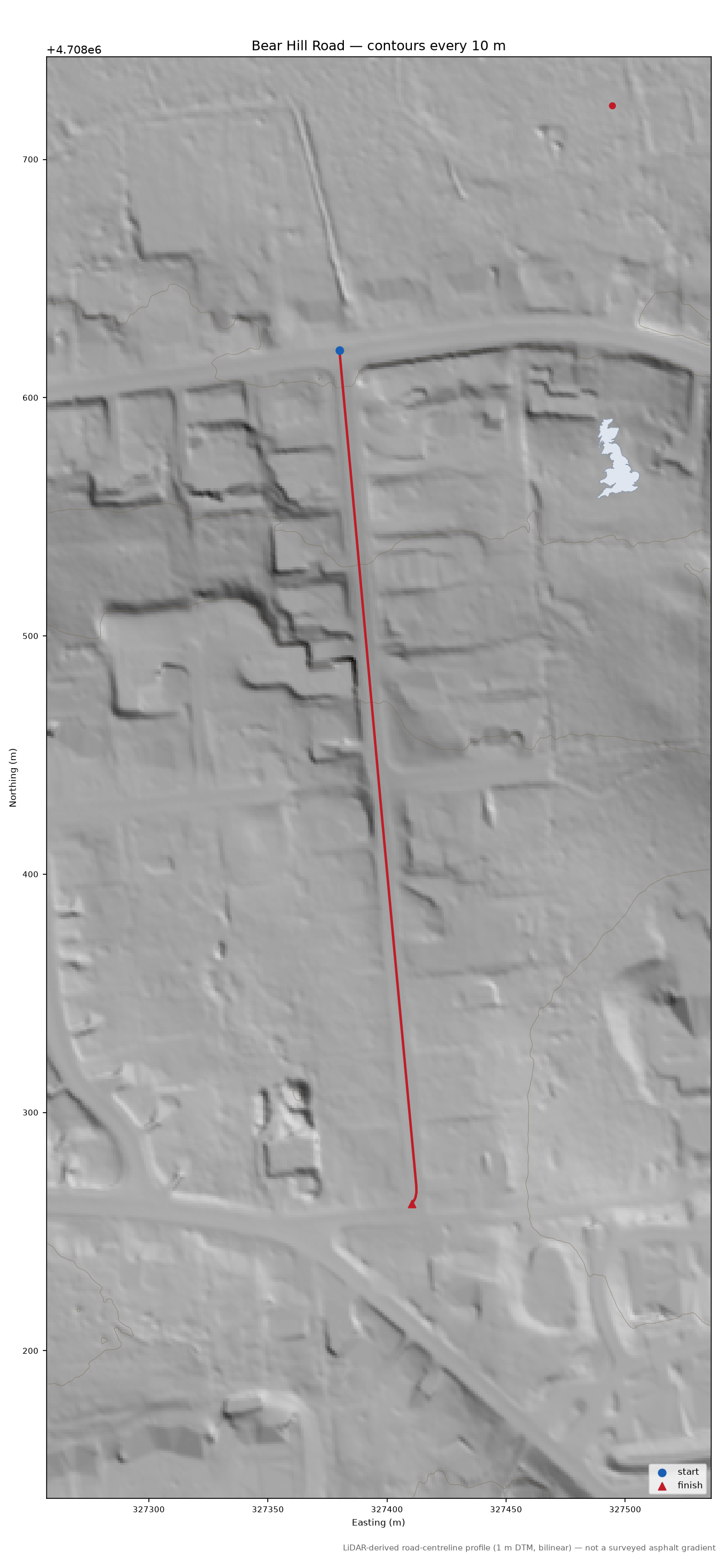 Bear Hill Road LiDAR hillshade map with contours