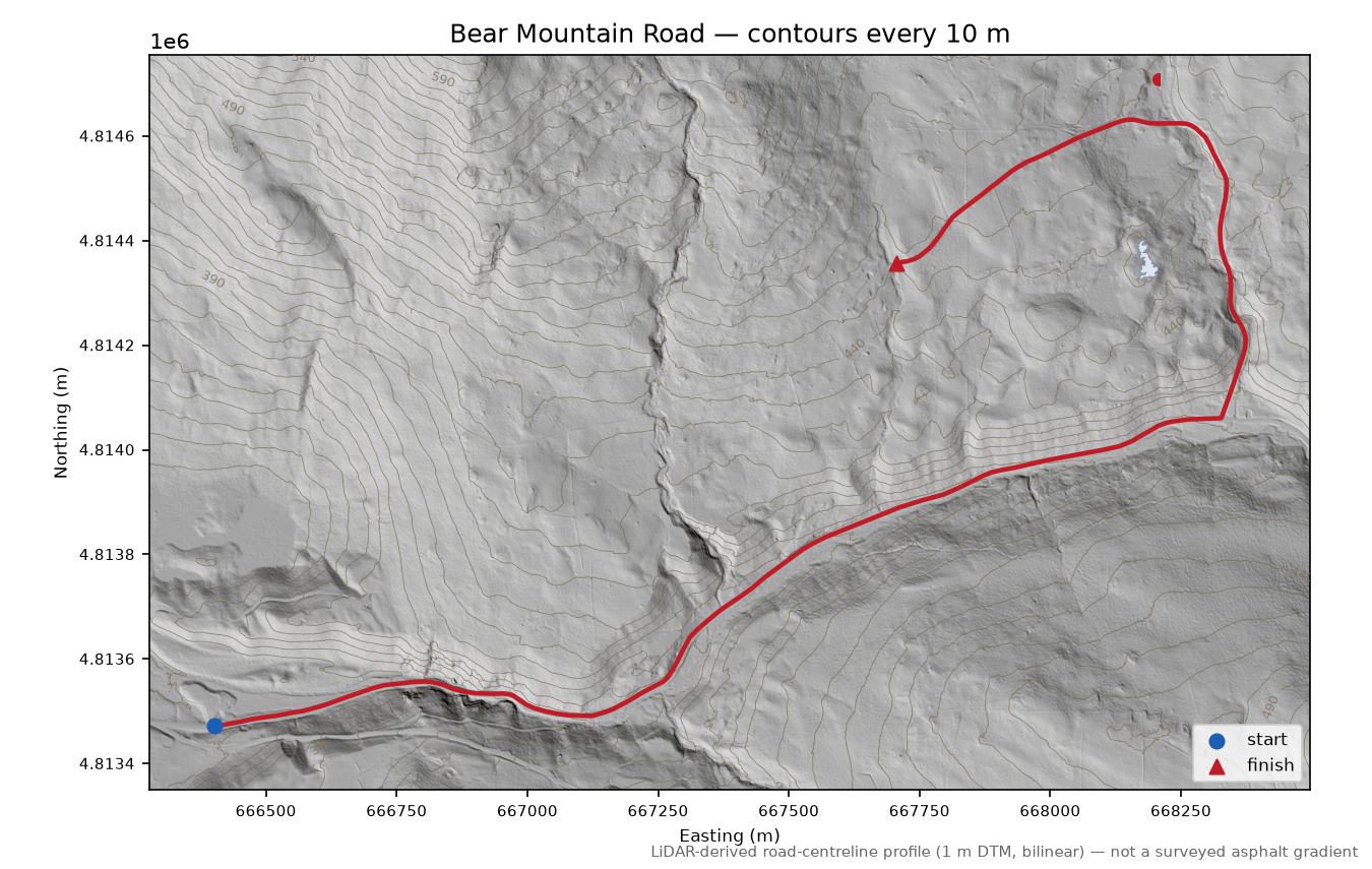 Bear Mountain Road LiDAR hillshade map with contours