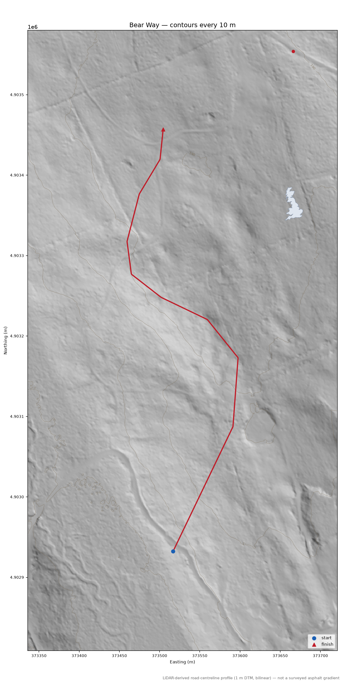 Bear Way LiDAR hillshade map with contours