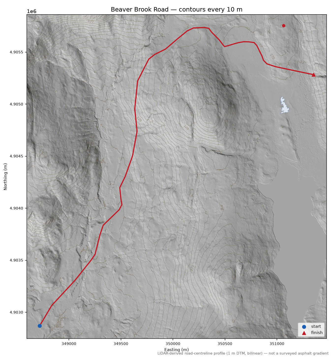 Beaver Brook Road LiDAR hillshade map with contours