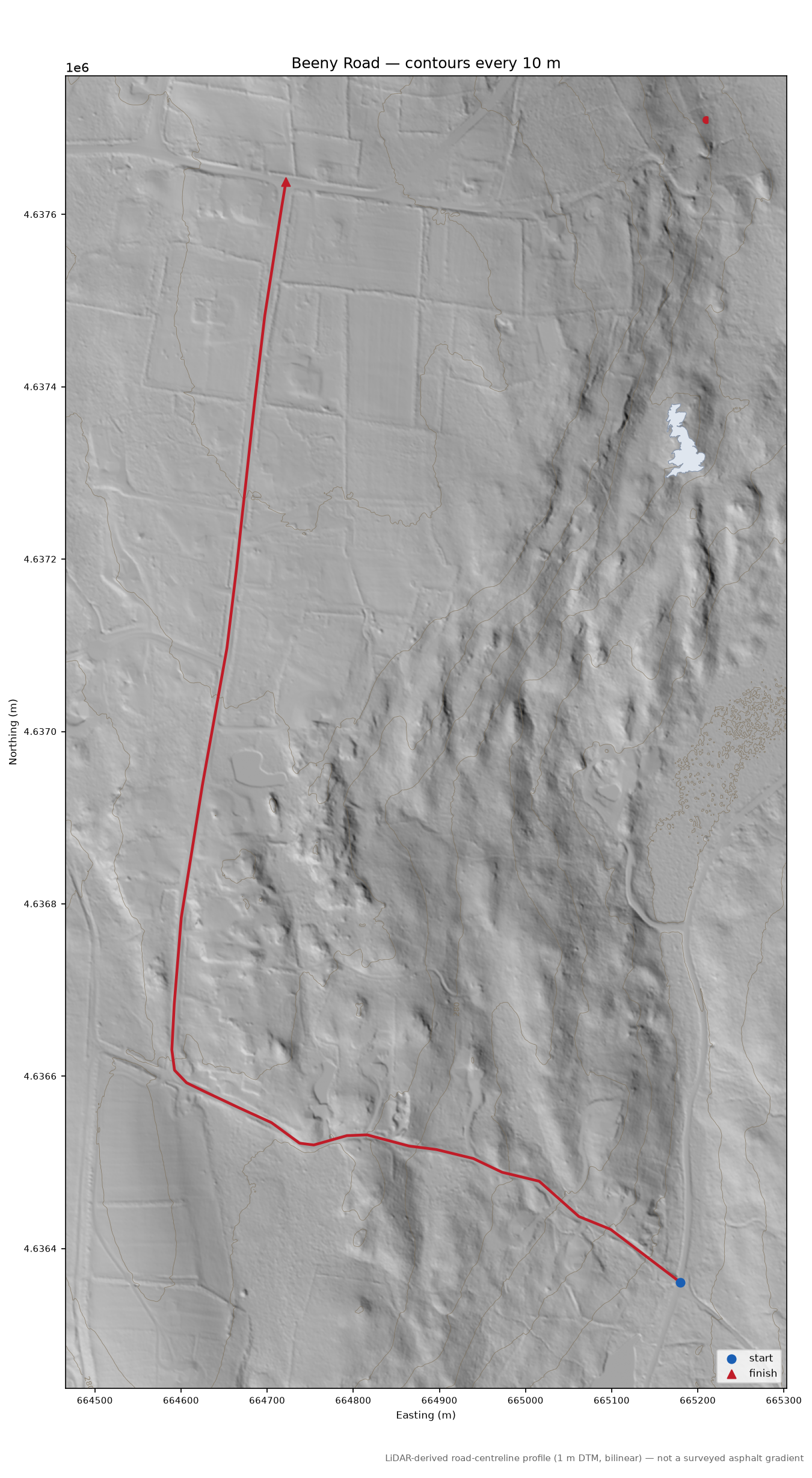 Beeny Road LiDAR hillshade map with contours