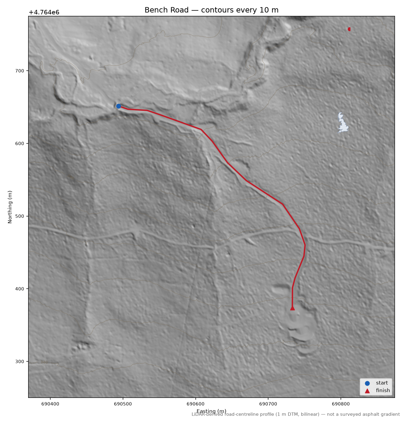 Bench Road LiDAR hillshade map with contours