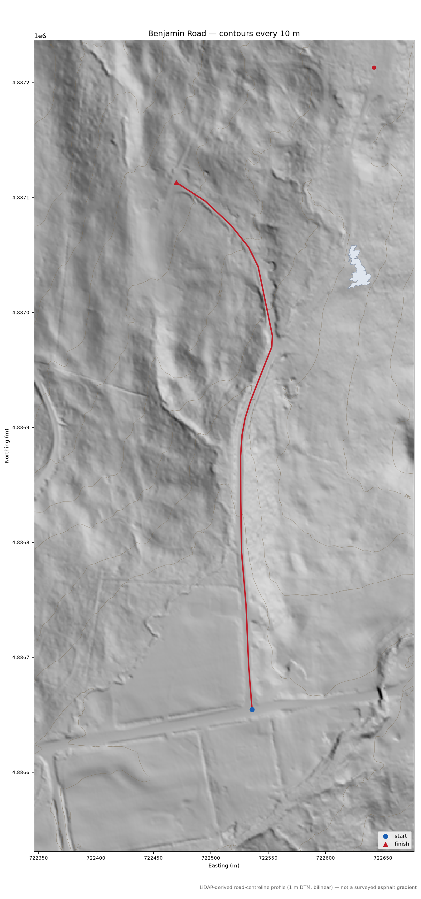 Benjamin Road LiDAR hillshade map with contours