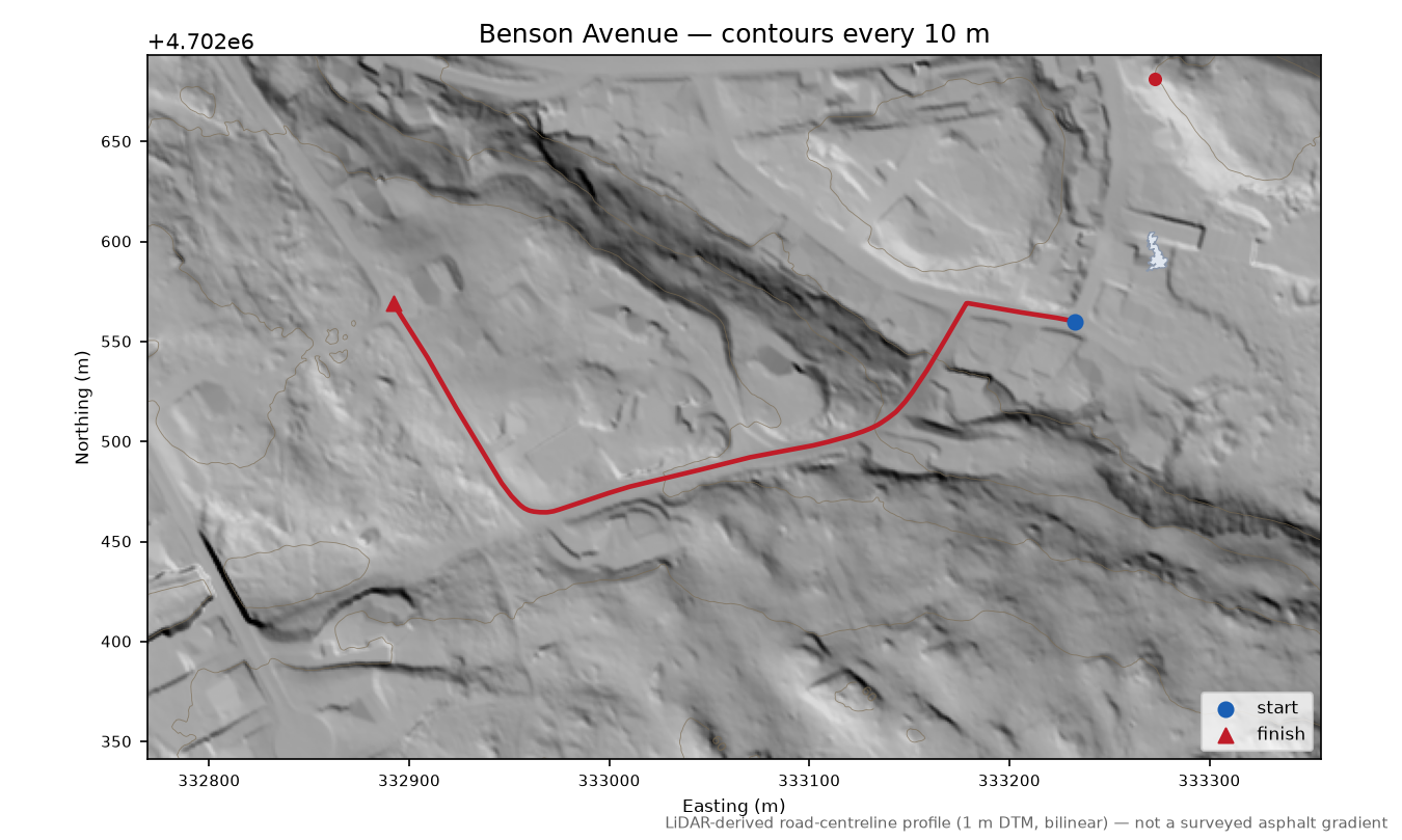 Benson Avenue LiDAR hillshade map with contours
