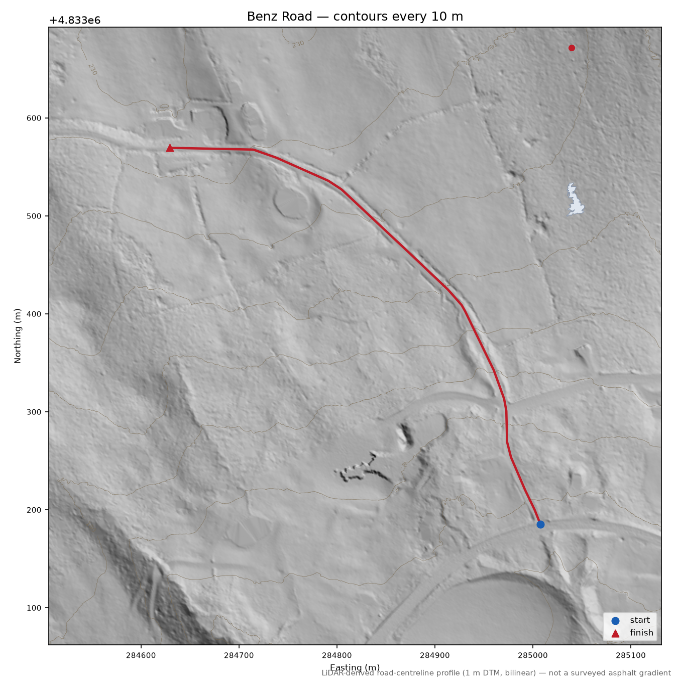Benz Road LiDAR hillshade map with contours
