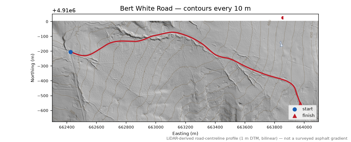Bert White Road LiDAR hillshade map with contours