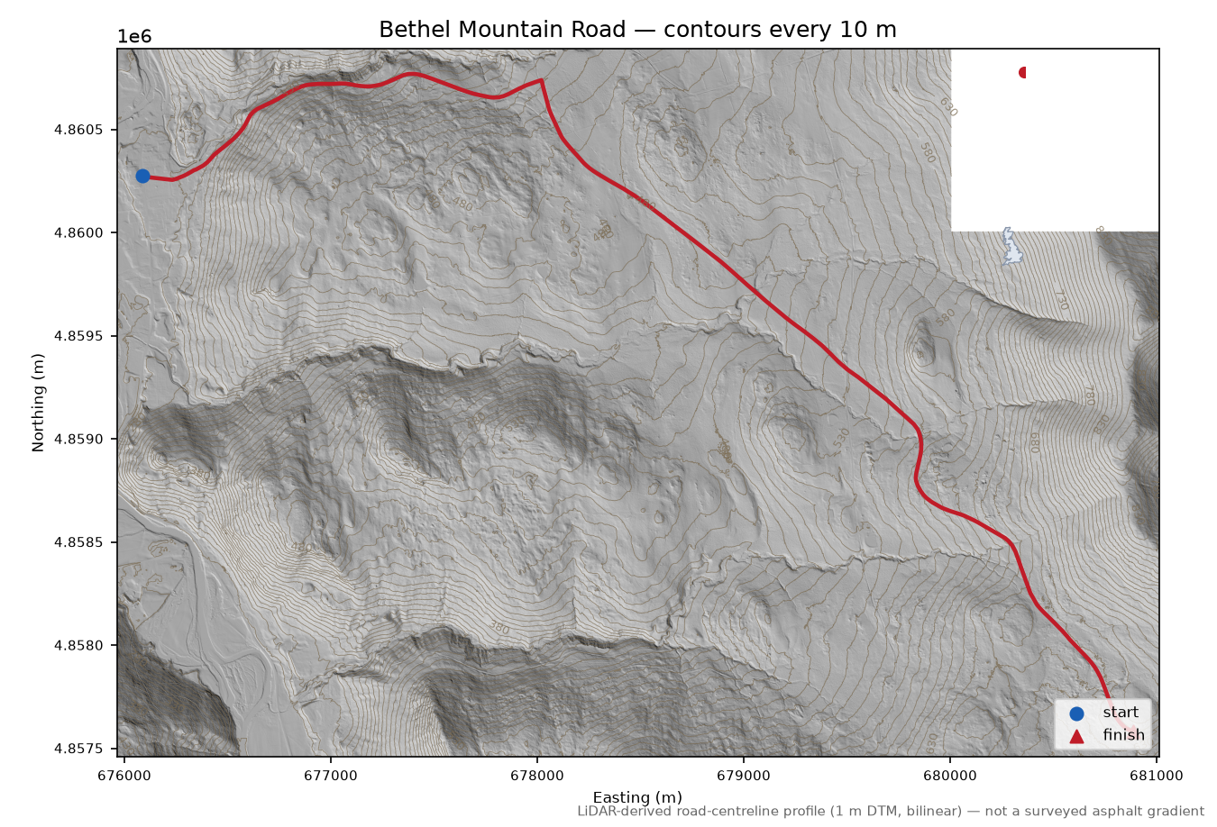 Bethel Mountain Road LiDAR hillshade map with contours