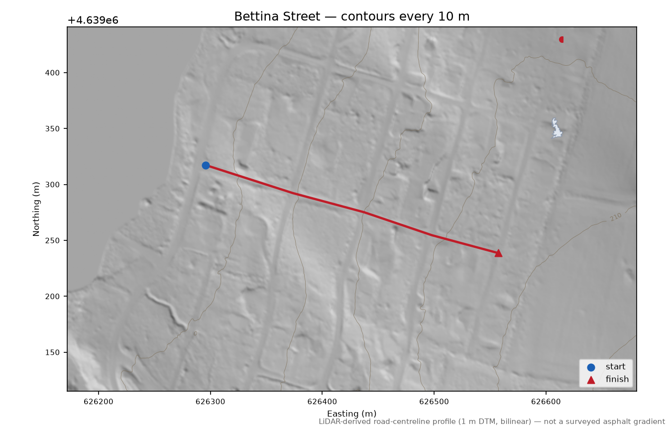 Bettina Street LiDAR hillshade map with contours