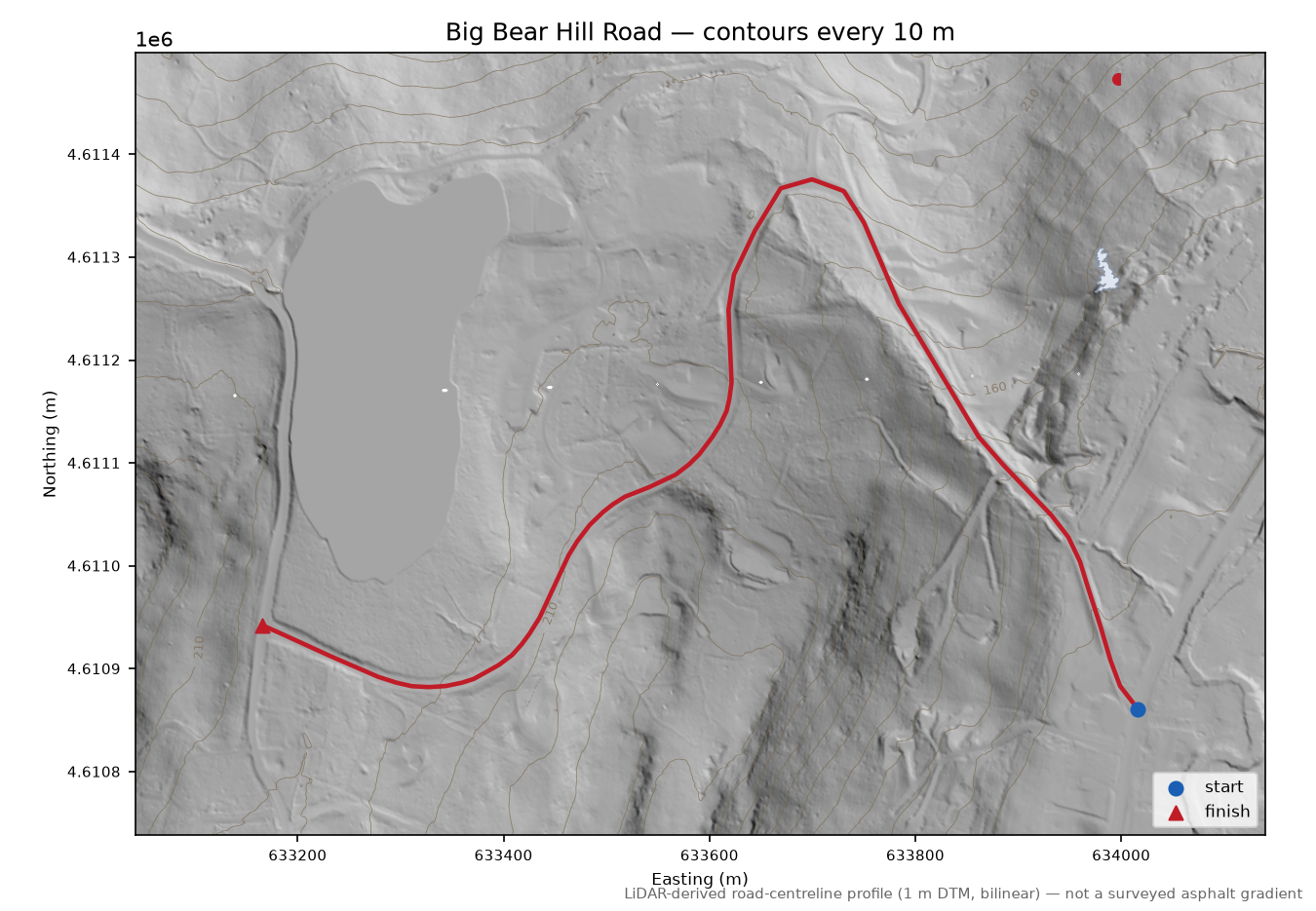 Big Bear Hill Road LiDAR hillshade map with contours