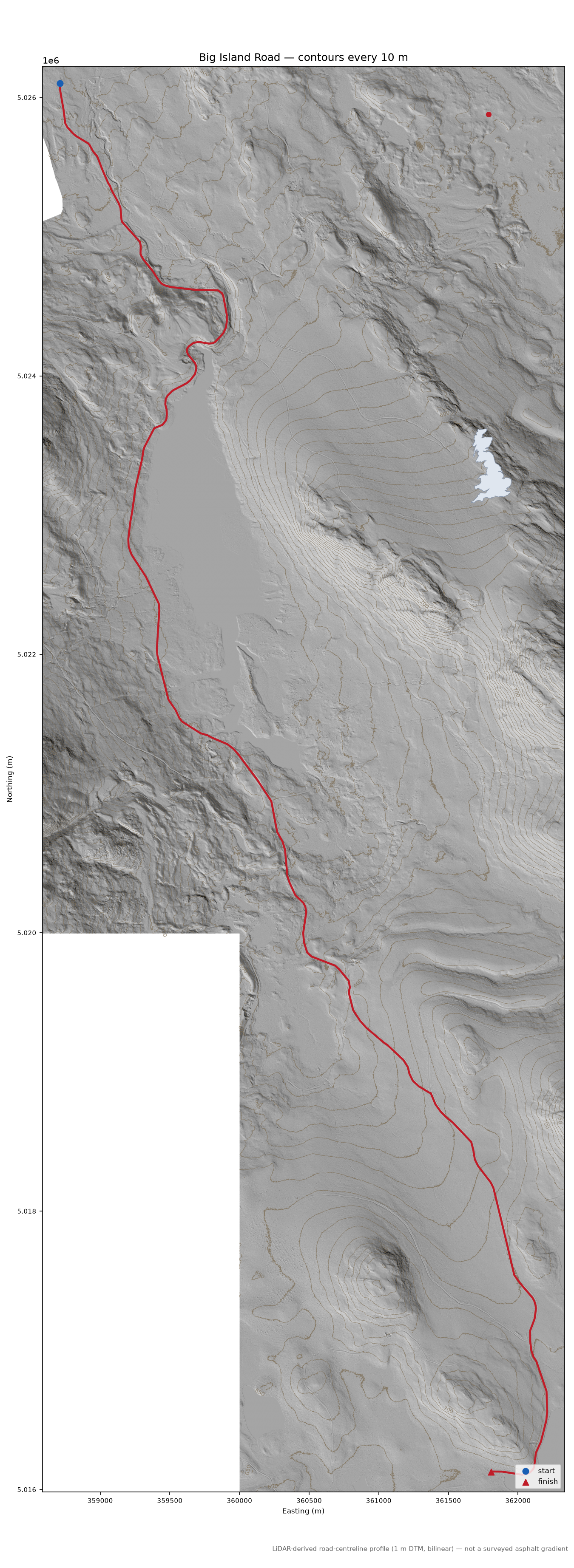 Big Island Road LiDAR hillshade map with contours