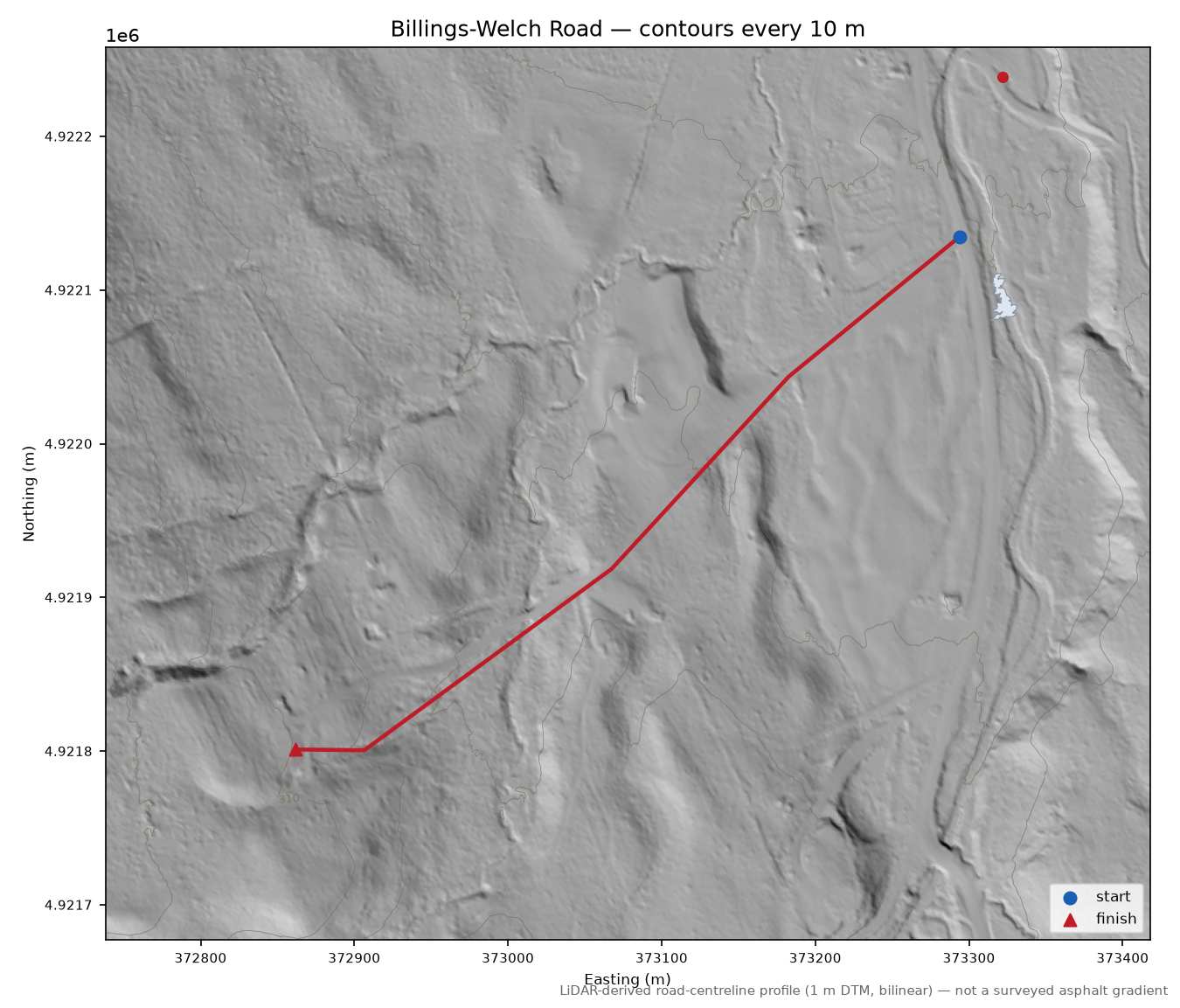 Billings-Welch Road LiDAR hillshade map with contours