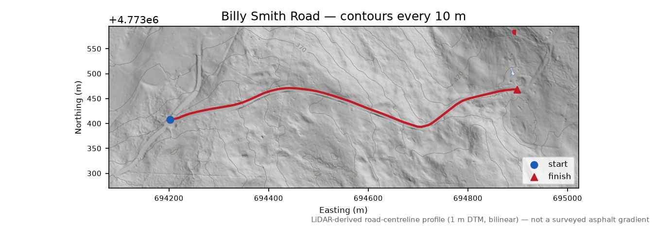 Billy Smith Road LiDAR hillshade map with contours